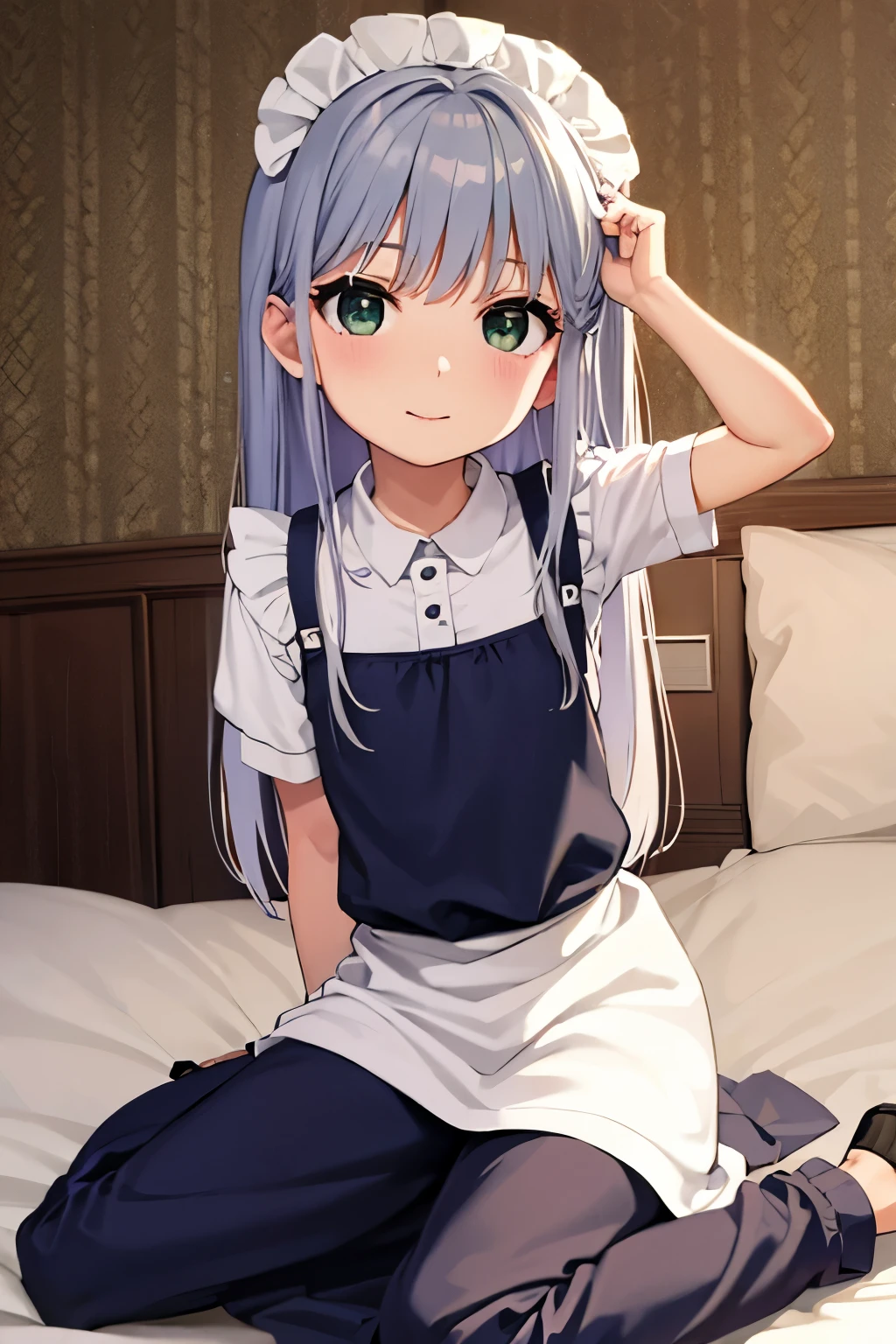 Cabello largo plateado, ojos verdes, petite, nurse, white clothes, sonrisa, muslos hermosos, inside house
