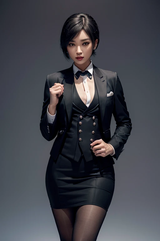 黒人、黒い肌、1 woman, ada wong, skirt suit, (((three-piece suit))), necktie, blazer, (((suit jacket))), (((waistcoat))), double-breasted waistcoat, bodycon miniskirt, pencil skirt, tie clip, pocket square, pocket watch, pantyhose, high heels, makeup, lipstick