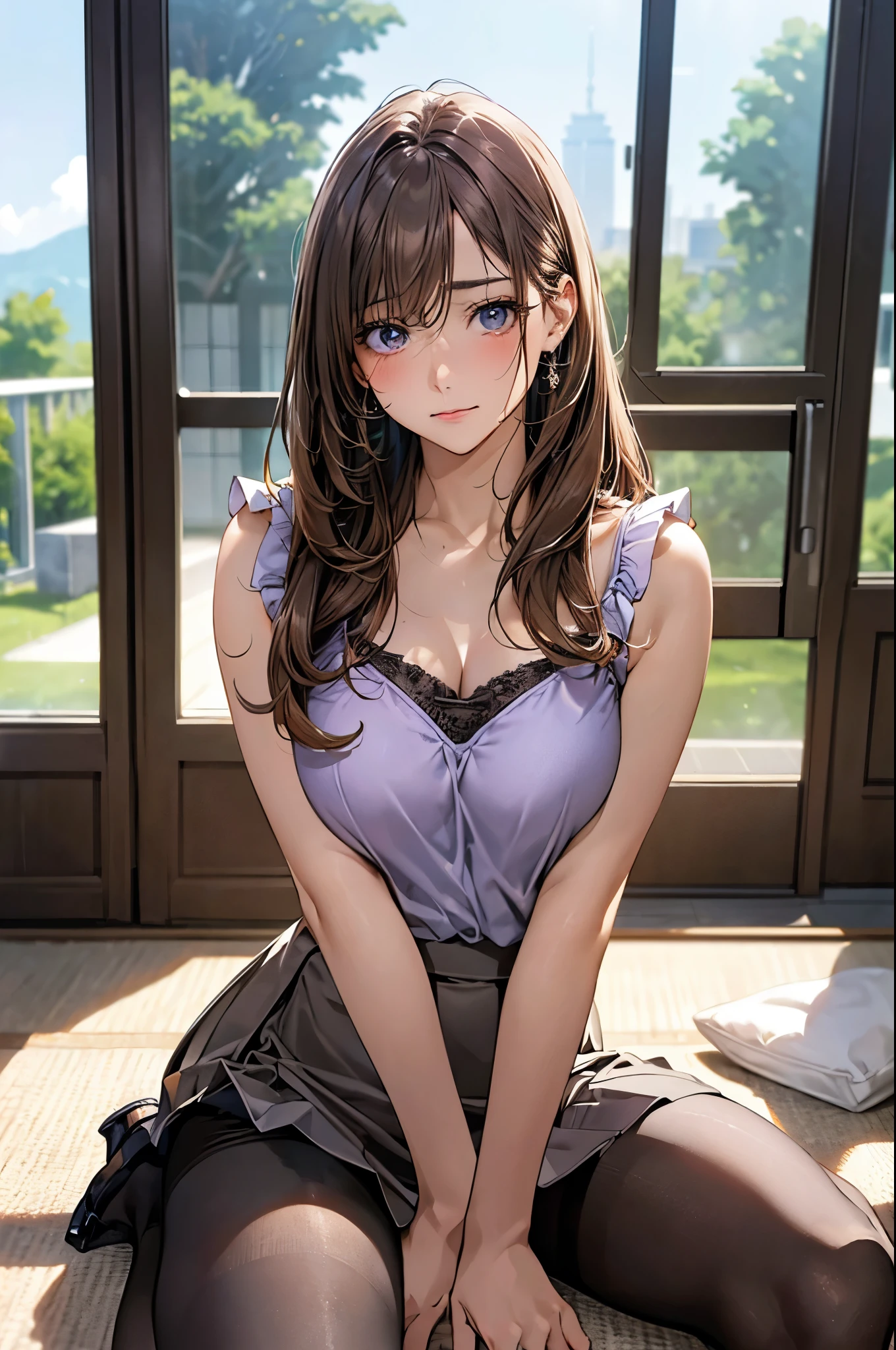 (masterpiece:1.2, top-quality), (realistic, photorealistic:1.4), beautiful illustration, (natural side lighting, movie lighting), 
looking at viewer, cowboy shot, front view:0.6, 1 girl, japanese, high school girl, perfect face, cute and symmetrical face, shiny skin, 
(long hair:1.8, straight hair:1.7, sidelocks, light brown hair), hair between eye, blue green eyes, long eye lasher, (large breasts:0.8, thick thighs), 
beautiful hair, beautiful face, beautiful detailed eyes, beautiful clavicle, beautiful body, beautiful chest, beautiful thigh, beautiful legs, beautiful fingers, 
((light purple camisole, grey skirt, black pantyhose), 
(beautiful scenery), night, living room, window, curtain, wariza, bent over, arms at floor, tearful, 