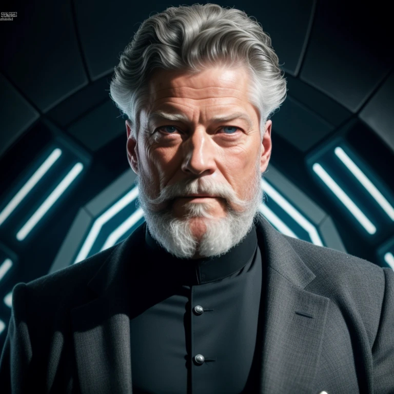 a close up of a man with a beard and a suit, portrait of a male hydromancer, stephen lang, cyberpunk old man, portrait of professor sinister, jodorowsky's dune movie, dark grey haired man, commander riker, film still from dune 2020, highly detailed vfx portrait, god emperor of dune