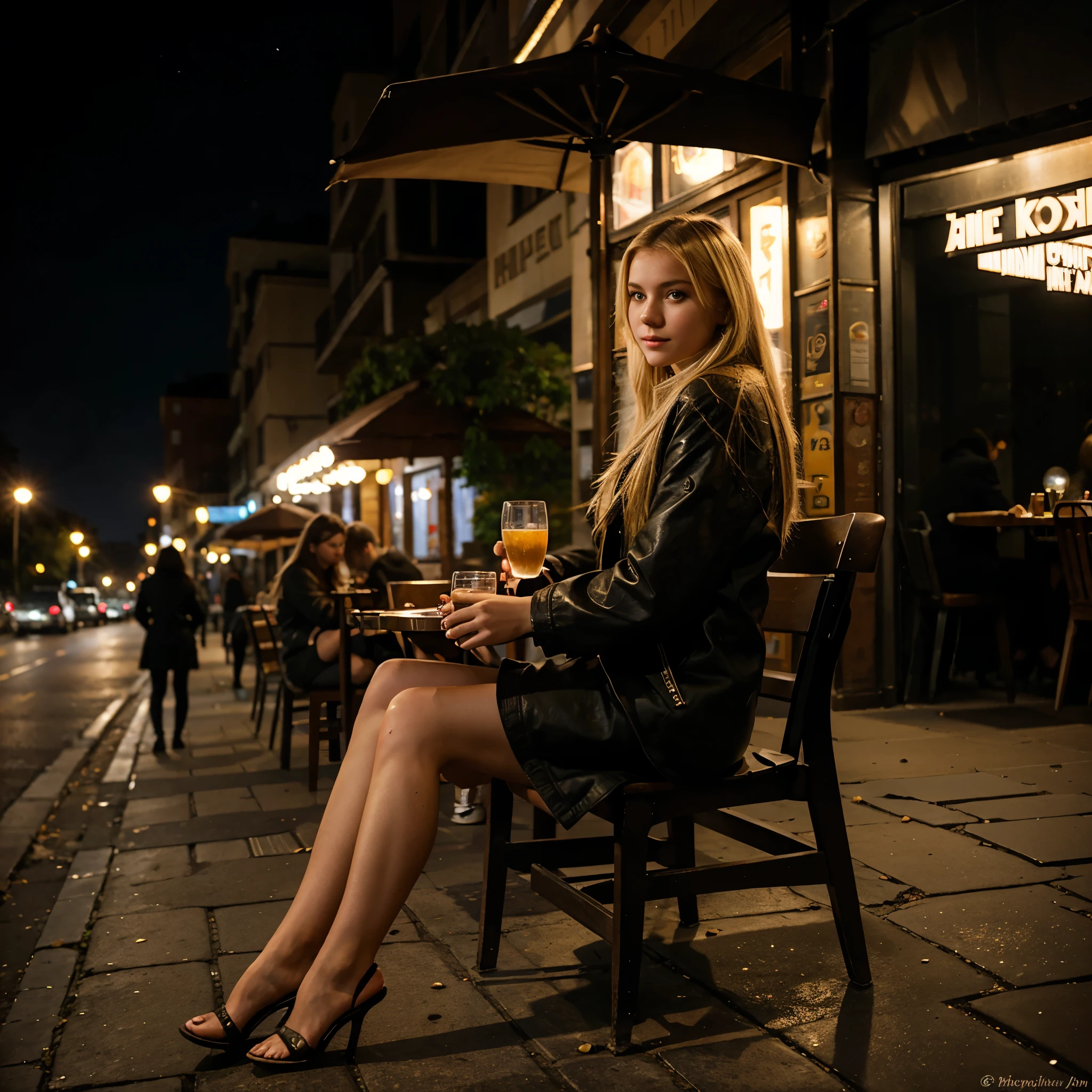 Night shot of a 25 years old Russian blonde girl Sitting on the chair of sidewalk cafe