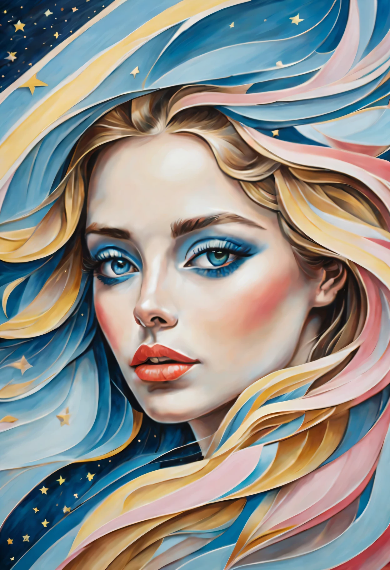 (best quality,actual,high resolution:1.2),pastel tones, painting,Impressionist strokes,from cubism, Fauvism to Surrealism and Abstraction, Miss, Beautiful and delicate eyes,Beautiful and delicate lips,flowing hair, Their artistic concepts and patterns are reflected in the clothing design,Fresh light blue, Light yellow, light pink,.starry sky background