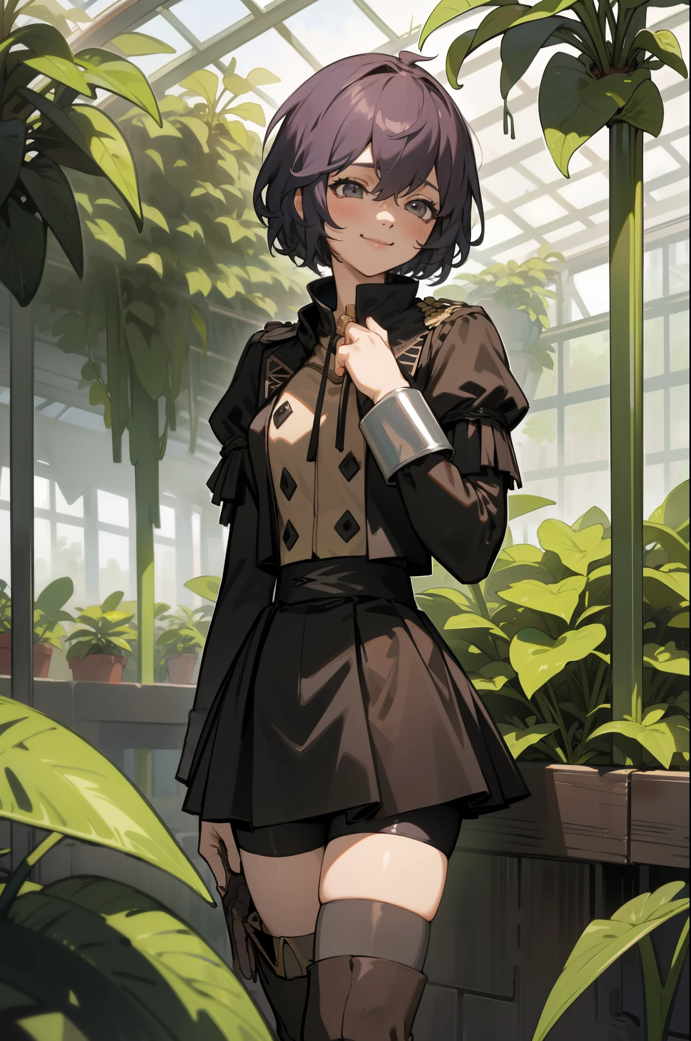 masterpiece, best quality, defBernie, black jacket, black skirt, spandex shorts, thigh boots, standing, cowboy shot, greenhouse, plants, smile, tired, pitcher plant 