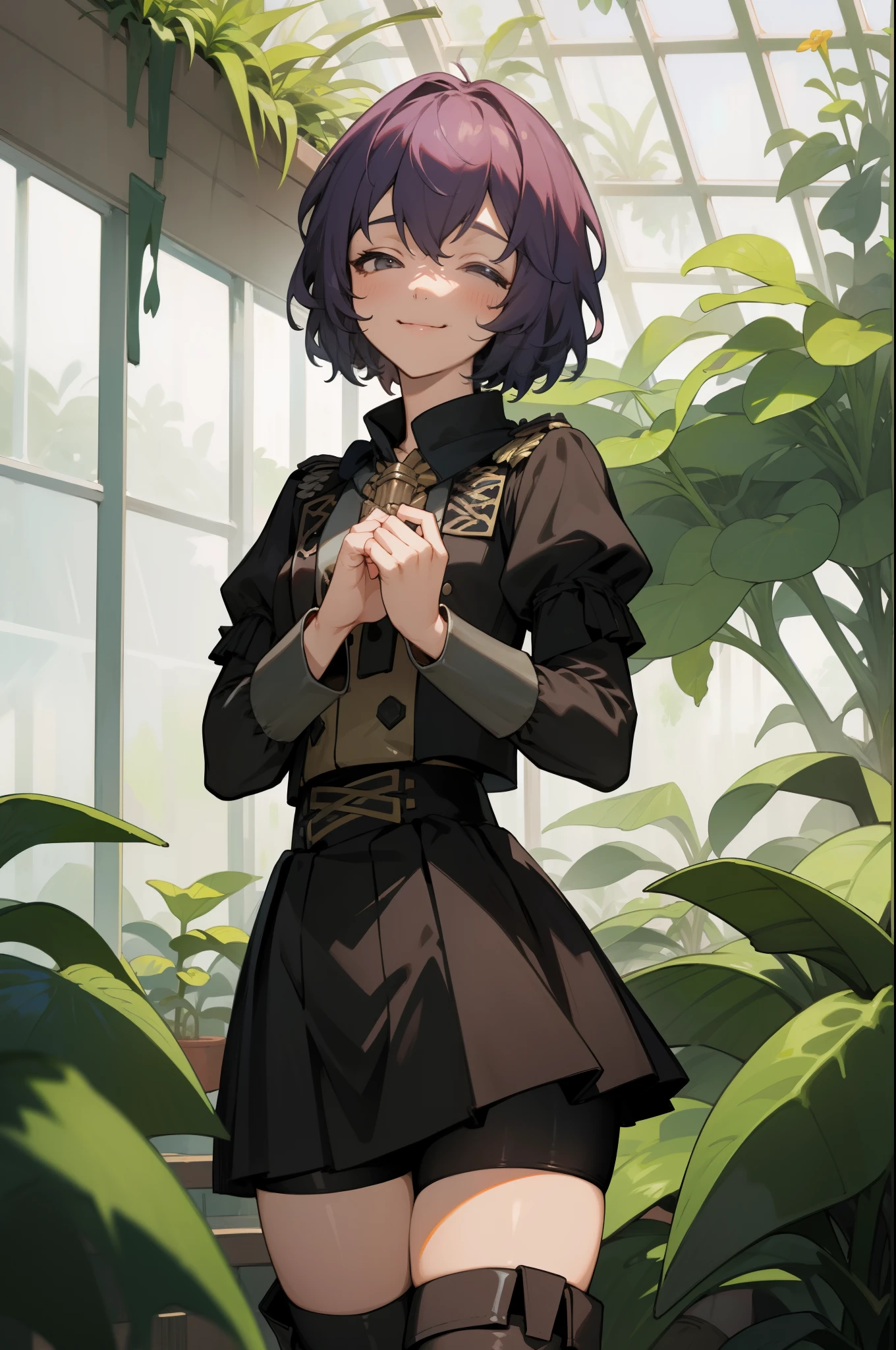 masterpiece, best quality, defBernie, black jacket, black skirt, spandex shorts, thigh boots, standing, cowboy shot, greenhouse, plants, smile, tired, pitcher plant 