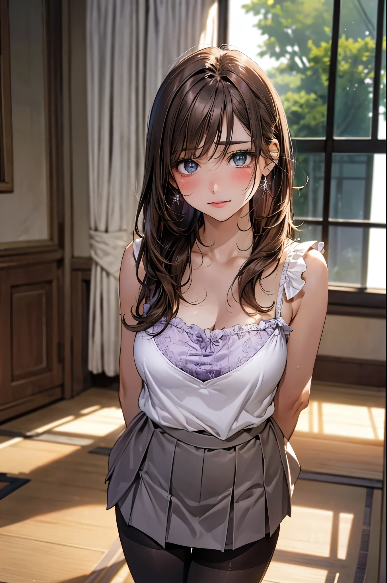 (masterpiece:1.2, top-quality), (realistic, photorealistic:1.4), beautiful illustration, (natural side lighting, movie lighting),
looking at viewer, cowboy shot, front view:0.6, 1 girl, japanese, high school girl, perfect face, cute and symmetrical face, shiny skin,
(long hair:1.8, straight hair:1.7, sidelocks, light brown hair), hair between eye, blue green eyes, long eye lasher, (large breasts:0.8, thick thighs),
beautiful hair, beautiful face, beautiful detailed eyes, beautiful clavicle, beautiful body, beautiful chest, beautiful thigh, beautiful legs, beautiful fingers,
((light purple camisole, grey skirt, black pantyhose),
(beautiful scenery), night, living room, window, curtain, wariza, bent over, arms at floor, tearful,