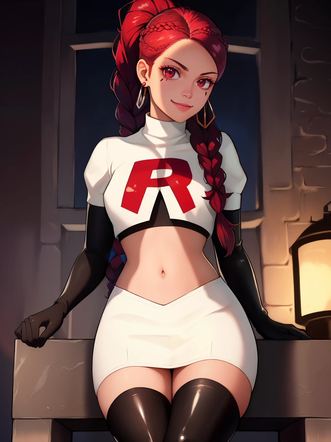 petra_academy, braided ponytail, facial mark, ,glossy lips, earings ,team rocket uniform, red letter R, white skirt,white crop top,black thigh-high boots, black elbow gloves, closed mouth, evil smile, looking down on viewer, sitting down ,legs crossed, night sky background