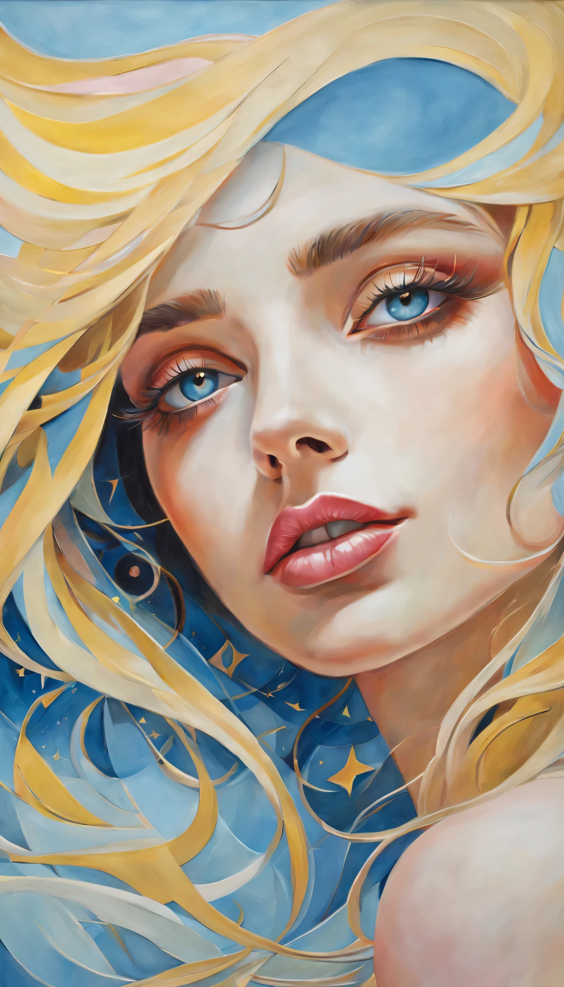 (best quality,actual,high resolution:1.2),pastel tones, painting,Impressionist strokes,from cubism, Fauvism to Surrealism and Abstraction, Miss, Beautiful and delicate eyes,Beautiful and delicate lips,flowing hair, Their artistic concepts and patterns are reflected in the clothing design,Fresh light blue, Light yellow, light pink,.starry sky background