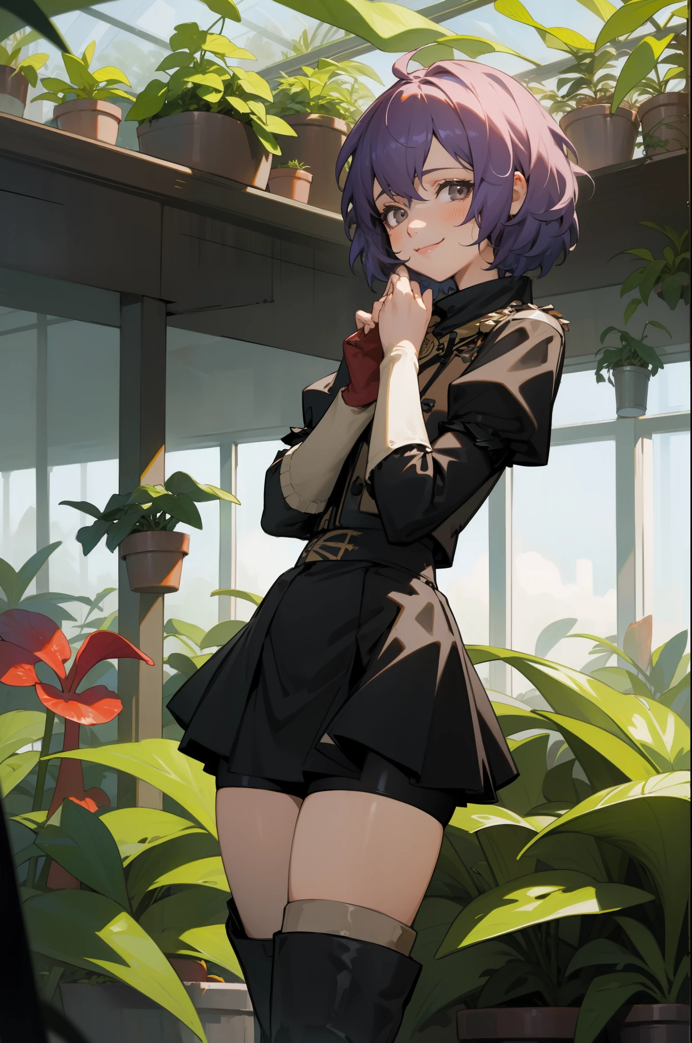 masterpiece, best quality, defBernie, black jacket, black skirt, spandex shorts, thigh boots, standing, cowboy shot, greenhouse, plants, smile, tired, pitcher plant 