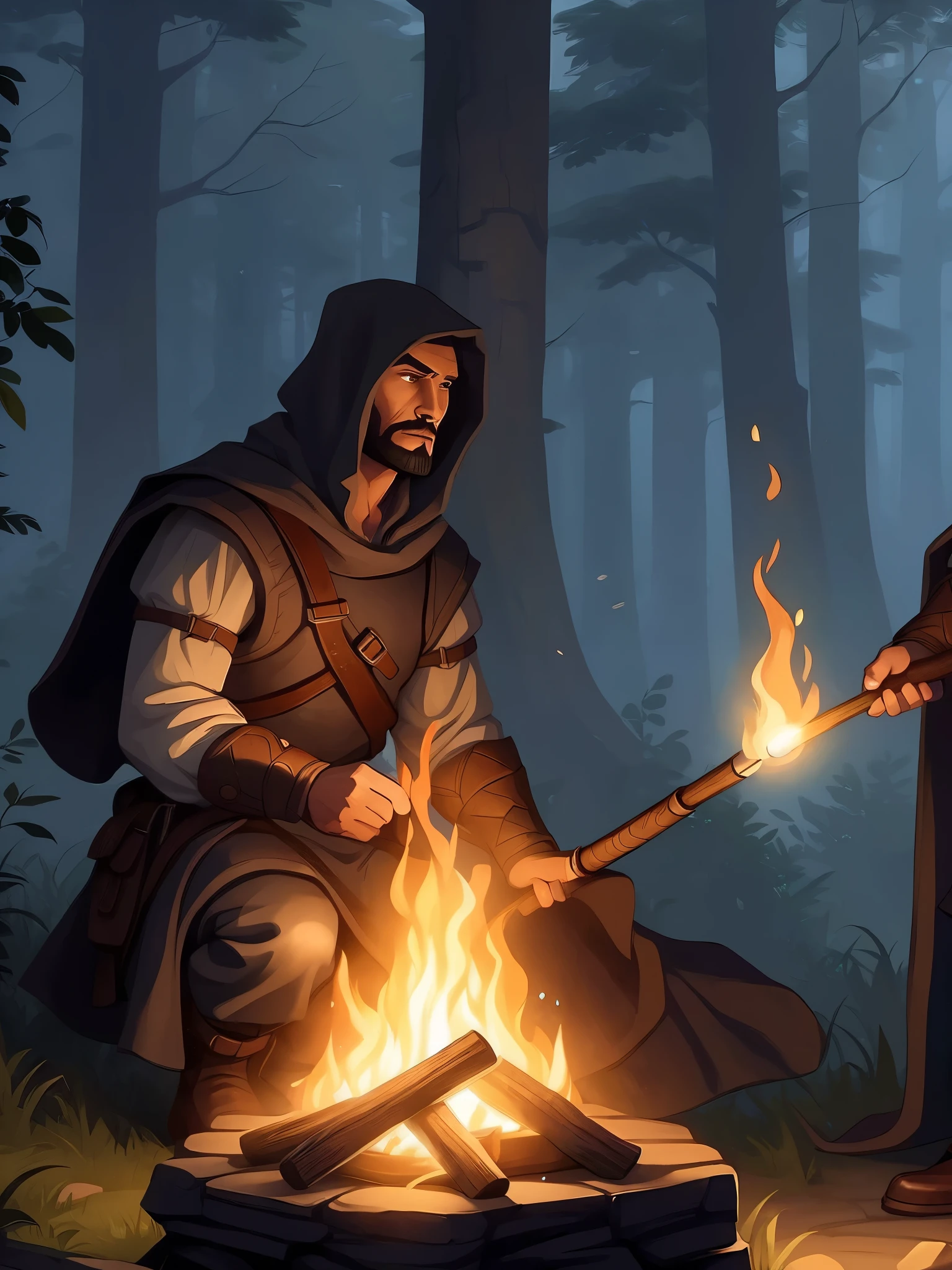 three people in medieval clothing are standing around a campfire, roleplaying game art, rpg illustration, medieval fantasy game art, fantasy rpg book illustration, epic rpg artwork, dnd in a dark forest, d & d digital painting, d & d fantasy digital painting, high quality dnd illustration, rpg portrait concept art, rpg artwork, rpg art, adventuring party