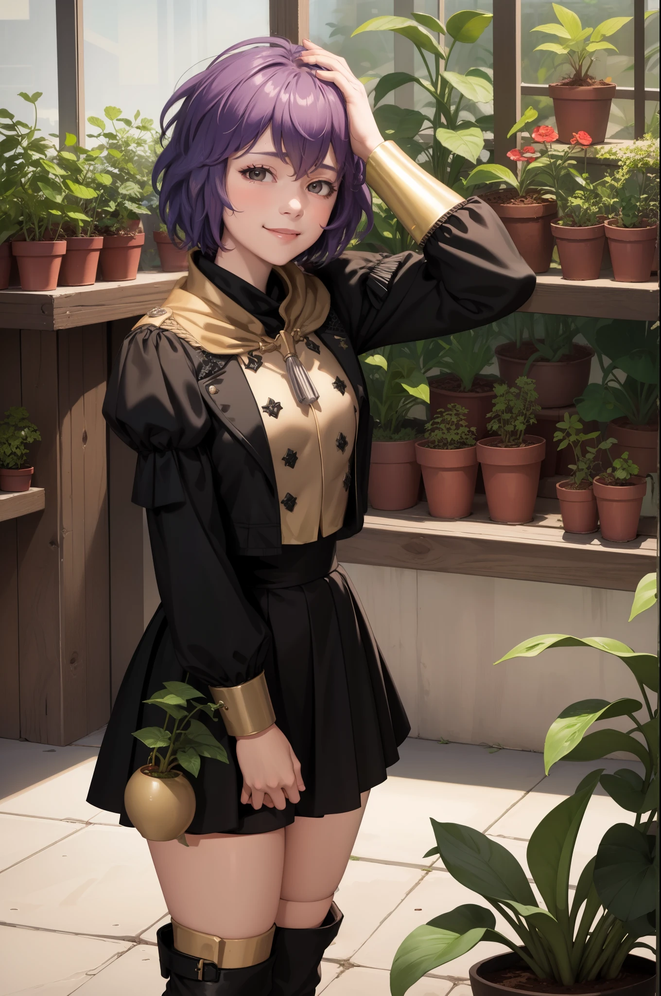 masterpiece, best quality, defBernie, black jacket, black skirt, spandex shorts, thigh boots, standing, cowboy shot, greenhouse, plants, smile, tired, pitcher plant 