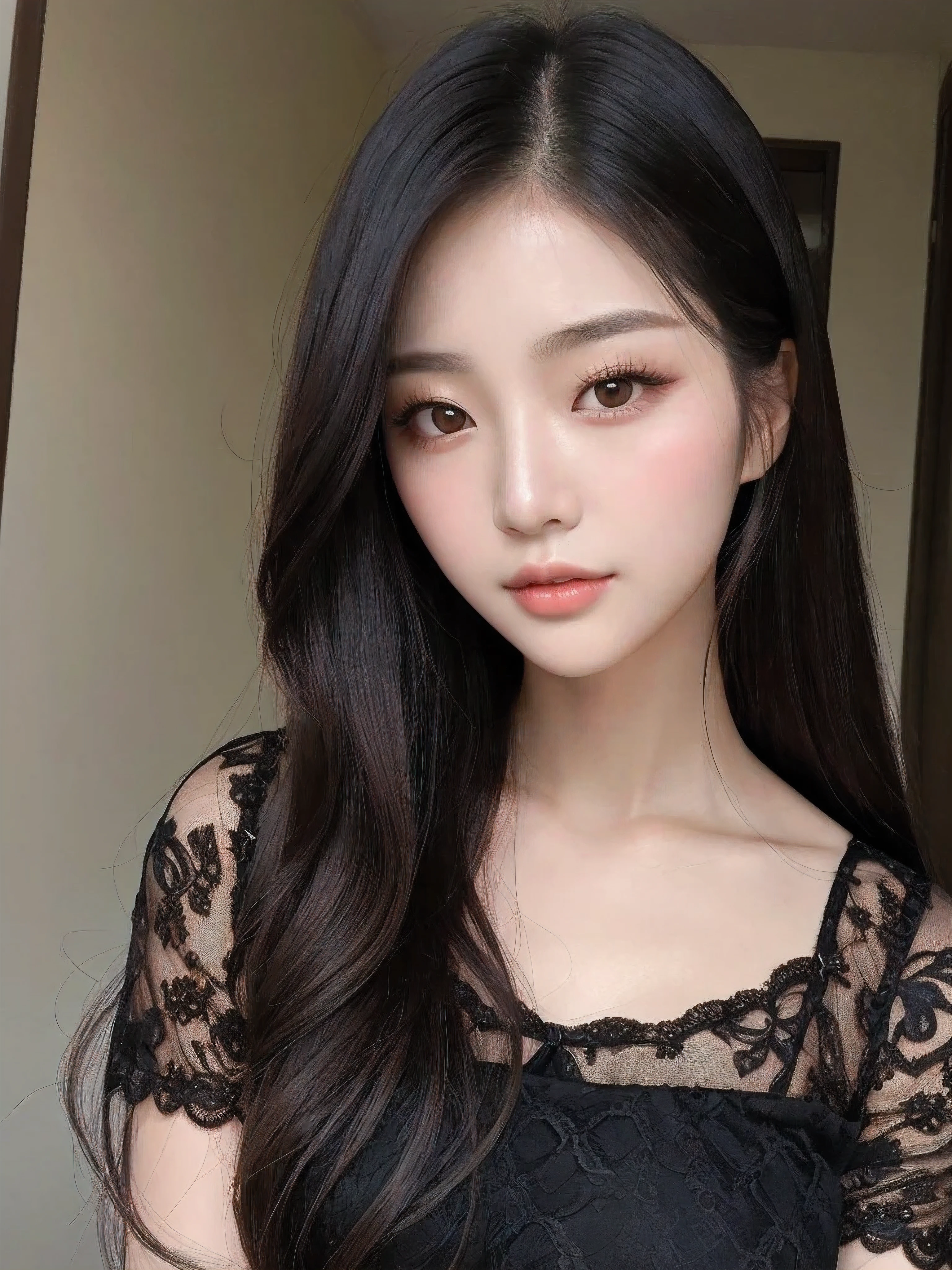 a close up of a woman with long hair and a black lace top, beautiful south korean woman, gorgeous young korean woman, beautiful young korean woman, korean girl, korean woman, beautiful asian girl, beautiful delicate face, asian beautiful face, beautiful asian woman, feminine beautiful face, young adorable korean face, popular south korean makeup, beautiful aesthetic face, popular korean makeup
