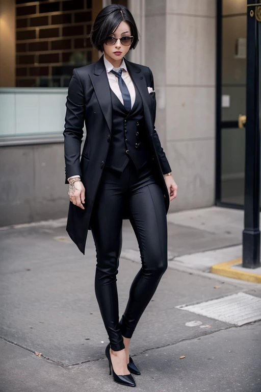 黒人、黒い肌、1 woman, ada wong, 黒いビキニ、サウナの中skirt suit, (((three-piece suit))), necktie, blazer, (((suit jacket))), (((waistcoat))), double-breasted waistcoat, bodycon miniskirt, pencil skirt, tie clip, pocket square, pocket watch, pantyhose, high heels, makeup, lipstick
