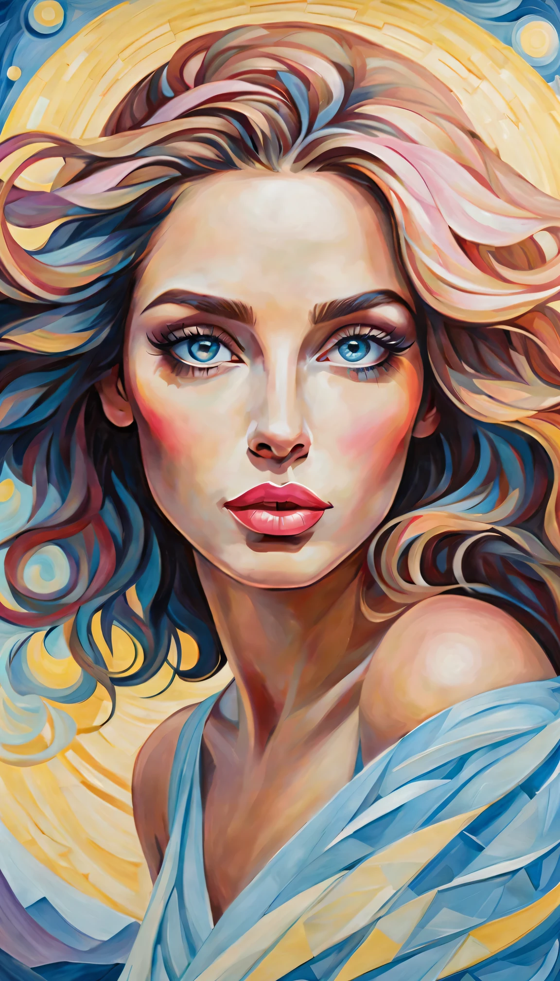 (best quality,actual,high resolution:1.2),pastel tones, painting,Impressionist strokes,from cubism, Fauvism to Surrealism and Abstraction, starry sky, Their artistic concepts and patterns are reflected in the clothing design, Miss, beautiful eyes,beautiful lips, flowing hair, Fresh light blue, Light yellow, light pink.