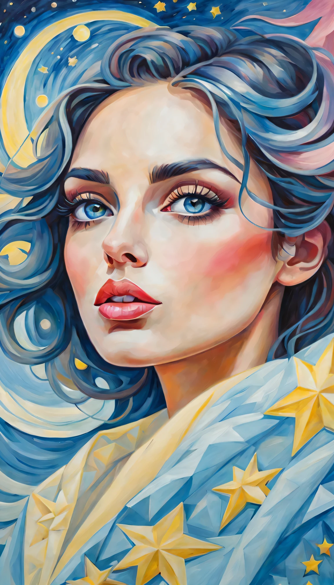 (best quality,actual,high resolution:1.2),pastel tones, painting,Impressionist strokes,from cubism, Fauvism to Surrealism and Abstraction, Miss, Beautiful and delicate eyes,Beautiful and delicate lips,flowing hair, Their artistic concepts and patterns are reflected in the clothing design,Fresh light blue, Light yellow, light pink,.starry sky background