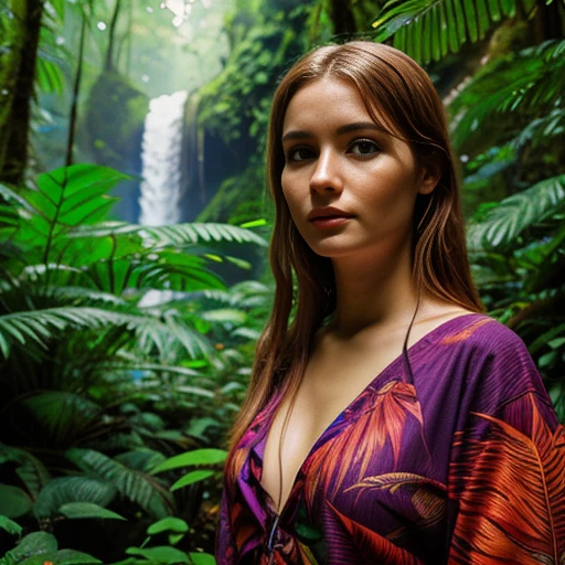Extremely detailed close up photo of a woman standing above a rainforest, her eyes vibrant with a otherworldly beauty, UHD, highly detailed, detailed hands