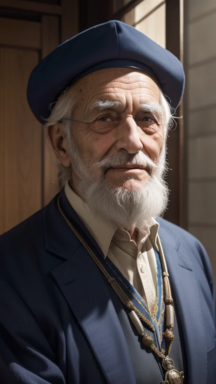 In this evocative image, an elderly Jewish man stands proudly in a doctor's garb, his face decorated with the wisdom of a life well lived. His eyes, filled with depth and compassion, expressed the profound experience he had witnessed. His face was filled with wrinkles, telling a story of a lifetime of joy and challenges. A prominent white beard frames his face, adding to the impression of wisdom and honor. These moving images capture the beauty of the times, the resilience of the human spirit, and the richness of cultural heritage, inviting viewers to reflect on the wisdom that comes with time and the timeless traditions that shape our identity.