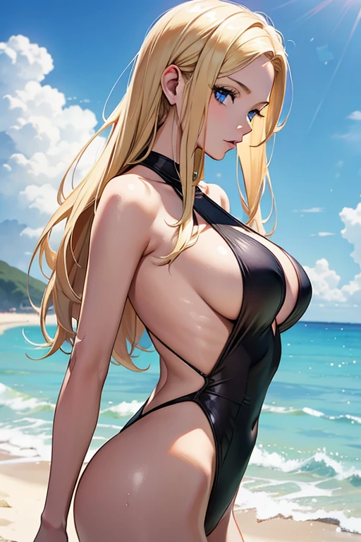 black swimsuit,one piece swimsuit,backless swimwear,blonde blue eyes,white people,long hair,adult,sexy look,private beach,woman,8K,Super high grade.masterpiece,best quality,ultra-detailed