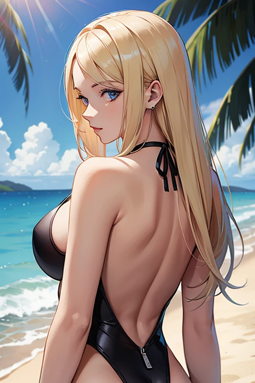 black swimsuit,one piece swimsuit,backless swimwear,blonde blue eyes,white people,long hair,adult,sexy look,private beach,woman,8K,Super high grade.masterpiece,best quality,ultra-detailed
