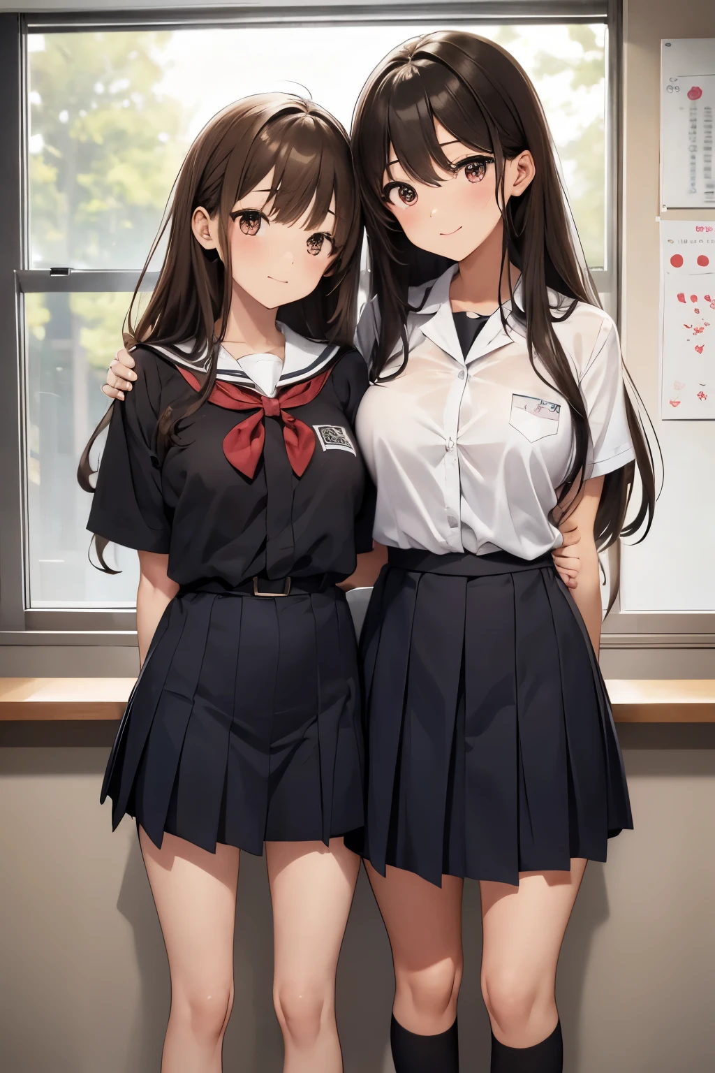 High quality, anime, full body, two girls ((Japanese, cute, narrow between the eyes, large eyes, small nose, brown hair, medium-long wavy hair, large breasts, slender, school uniform) and (Japanese) , cute, narrow eyes, hanging eyes, small nose, black hair, long straight hair, big breasts, slender, school uniform)), classroom, couple, standing next to each other with arms around waist, fun,