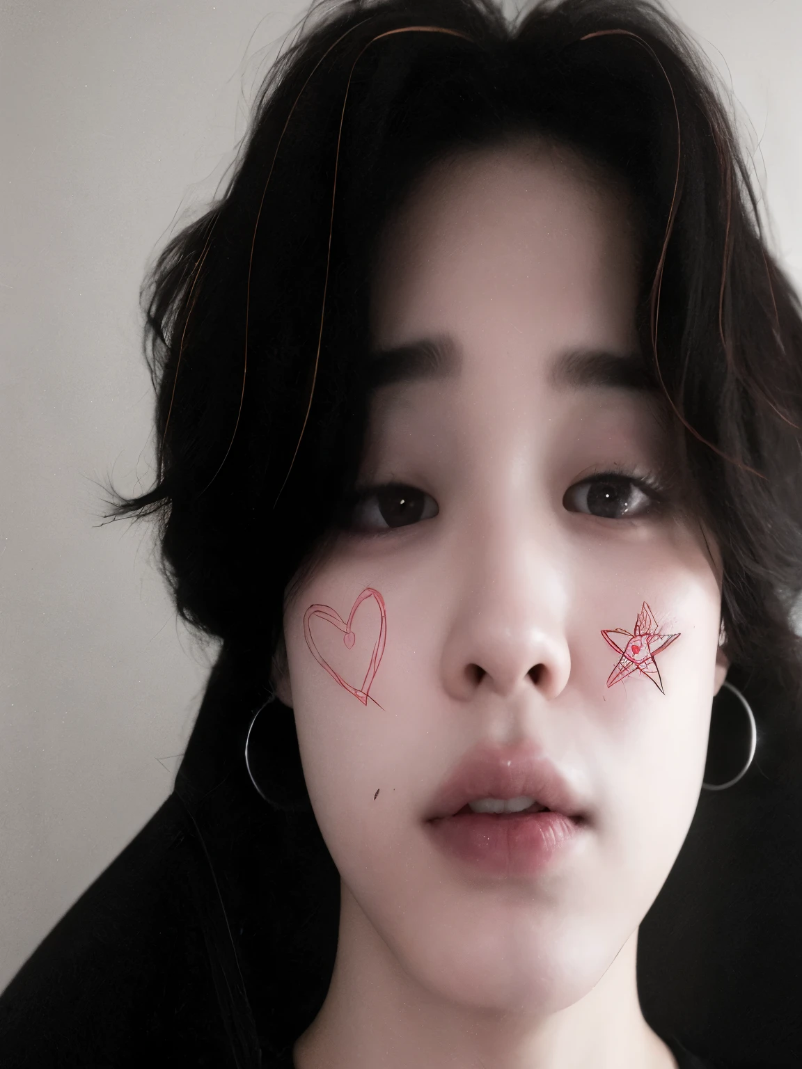 blurred image of a woman with a heart drawn on her face, Jimin\the full lips, accurate Jimin face, Jimin\the right eyelid is swollen, park Jimin, Jimin\o nariz grego, Jimin, small heart-shaped face, Yoongi de cabelo preto, Jung Jaehyun, heart shaped face, taejune kim, adorable and pale korean face