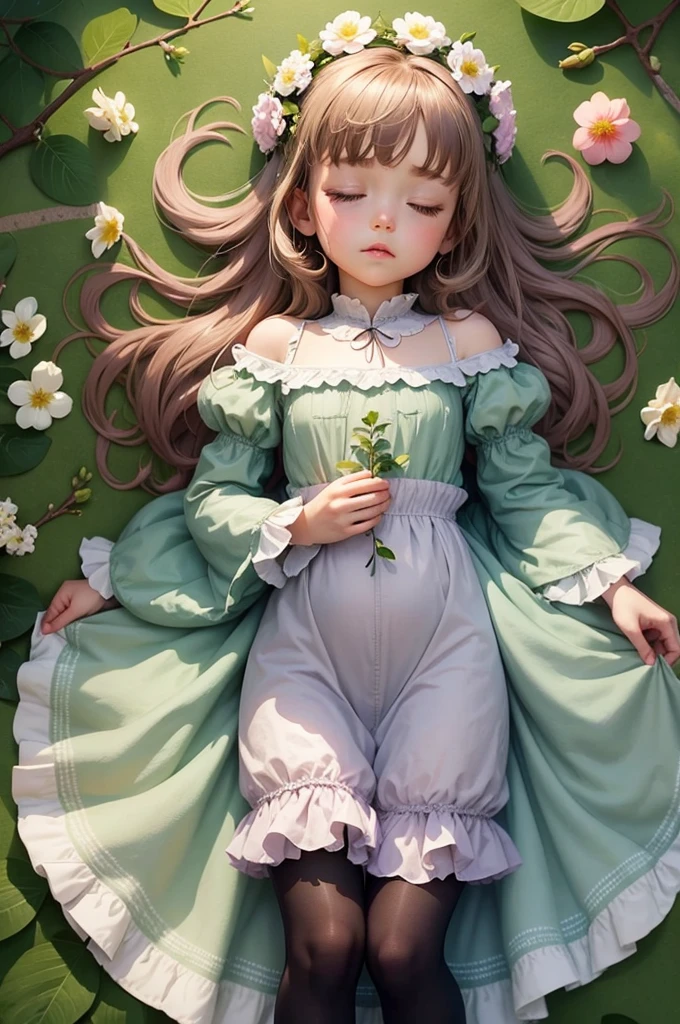 very soft pastel colors, (masterpiece:1.2), (Best quality:1.2), Perfect lighting, cute family style symmetric, tiny girl perfect sleep in a giant plant leaf flower, sleep curl up, face european caucasian, poster style epic, fullbody, wearing herbal decor cloth light night dress, fullbody, no crop, little flowers around, curles branches thin around, wearing colored tights, long skirt