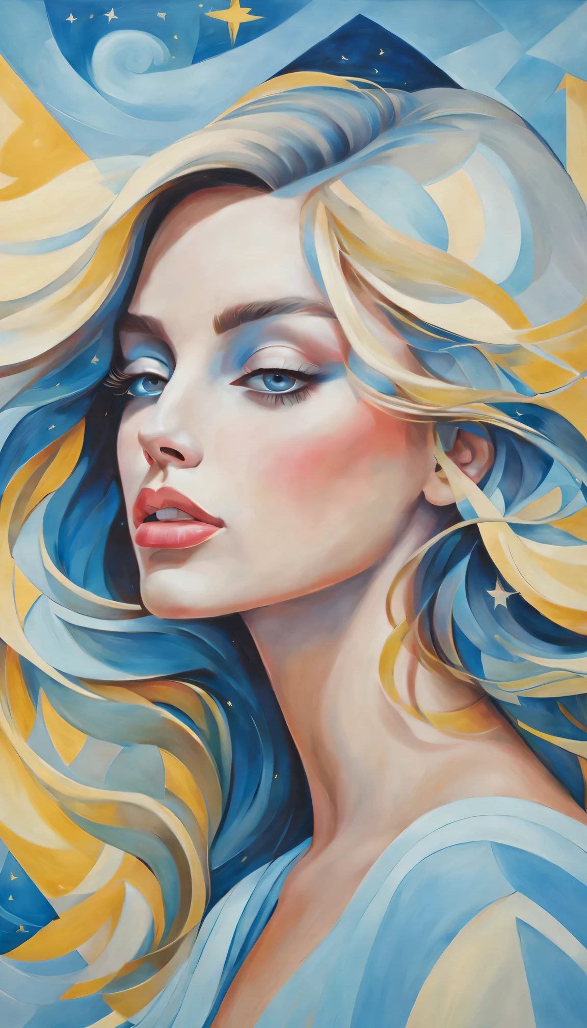 (best quality,actual,high resolution:1.2),pastel tones, painting,Impressionist strokes,from cubism, Fauvism to Surrealism and Abstraction, Miss, beautiful eyes,beautiful lips,flowing hair, Their artistic concepts and patterns are reflected in the clothing design,Fresh light blue, Light yellow, light pink,.starry sky background