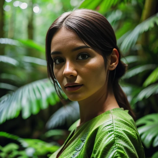 Extremely detailed close up photo of a woman standing above a rainforest, her eyes vibrant with a otherworldly beauty, UHD, highly detailed, detailed hands