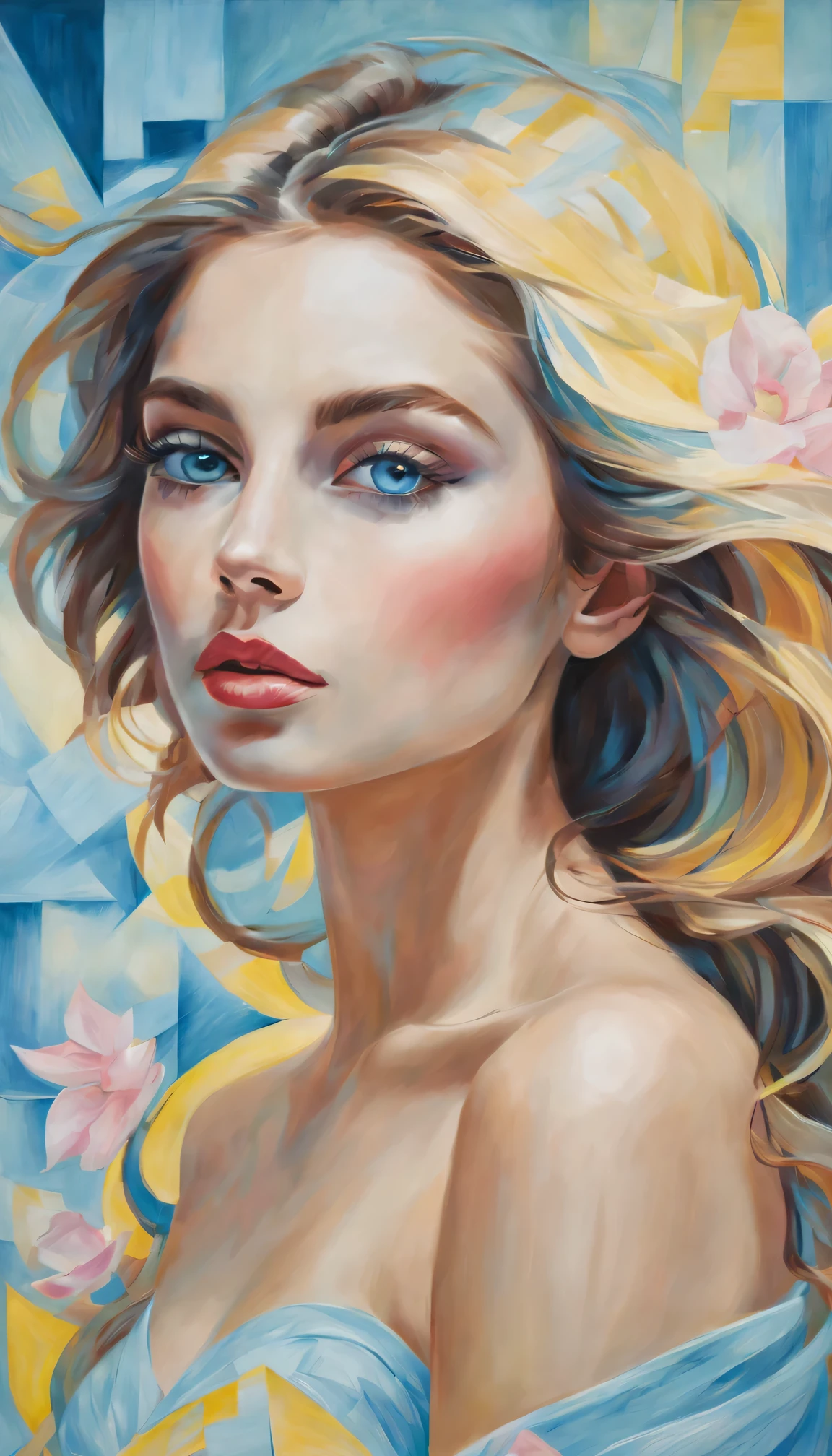 (best quality,actual,high resolution:1.2),pastel tones, painting,Impressionist strokes,from cubism, Fauvism to Surrealism and Abstraction, Miss, beautiful eyes,beautiful lips,flowing hair, Their artistic concepts and patterns are reflected in the clothing design,Fresh light blue, Light yellow, light pink,.starry sky background