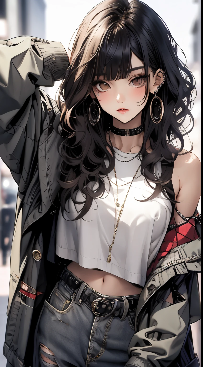 masterpiece, best quality, PIXIV, cool girl, lots of piercings, earrings, dark brown hair, curly hair, blunt bangs, straight bangs, gray eyes, pale skin, gal, gyaru