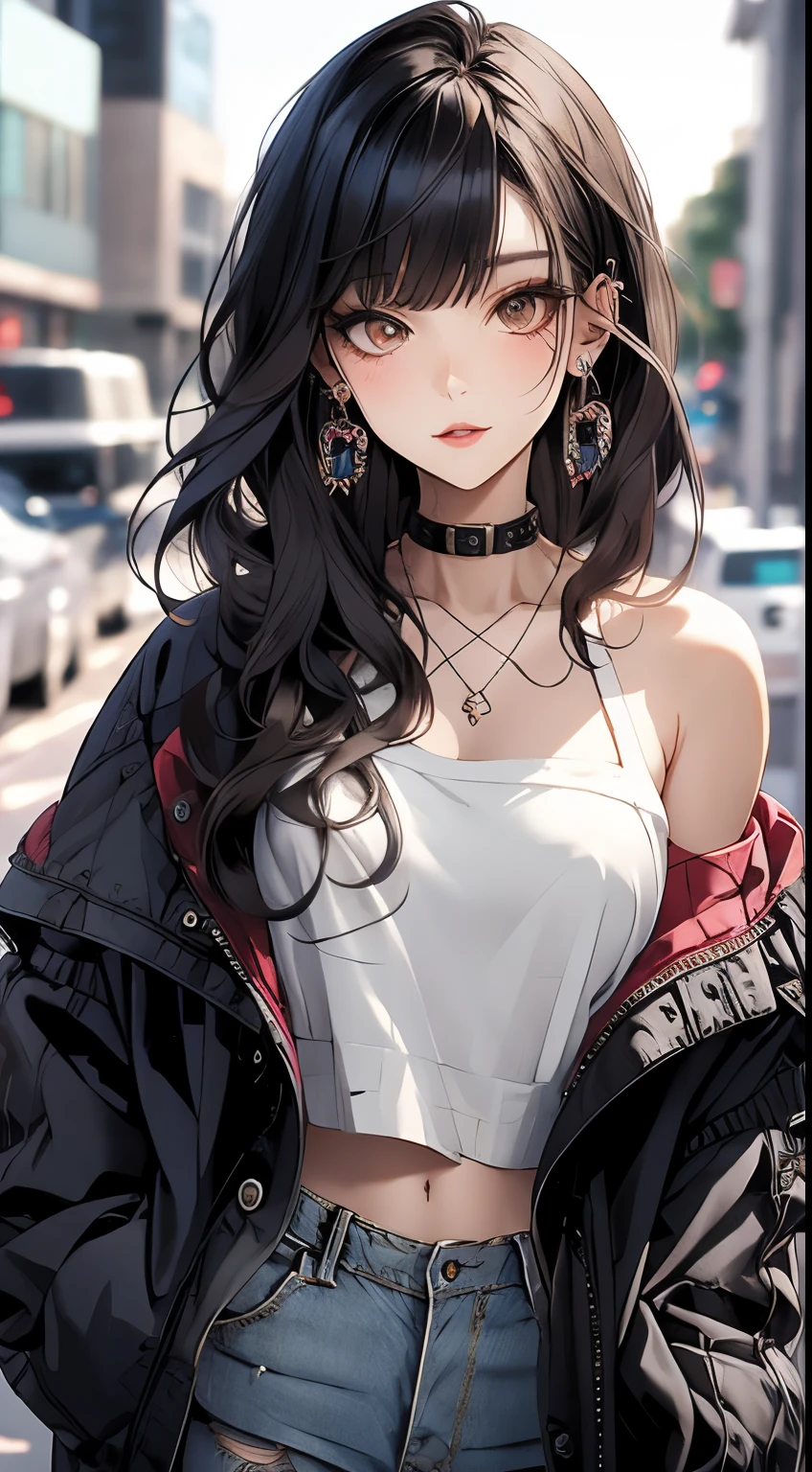 masterpiece, best quality, PIXIV, cool girl, lots of piercings, earrings, dark brown hair, curly hair, blunt bangs, straight bangs, gray eyes, pale skin, gal, gyaru