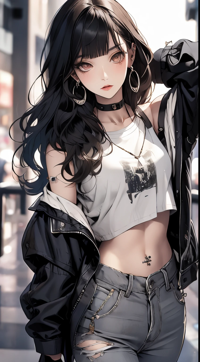 masterpiece, best quality, PIXIV, cool girl, lots of piercings, earrings, dark brown hair, curly hair, blunt bangs, straight bangs, gray eyes, pale skin, gal, gyaru