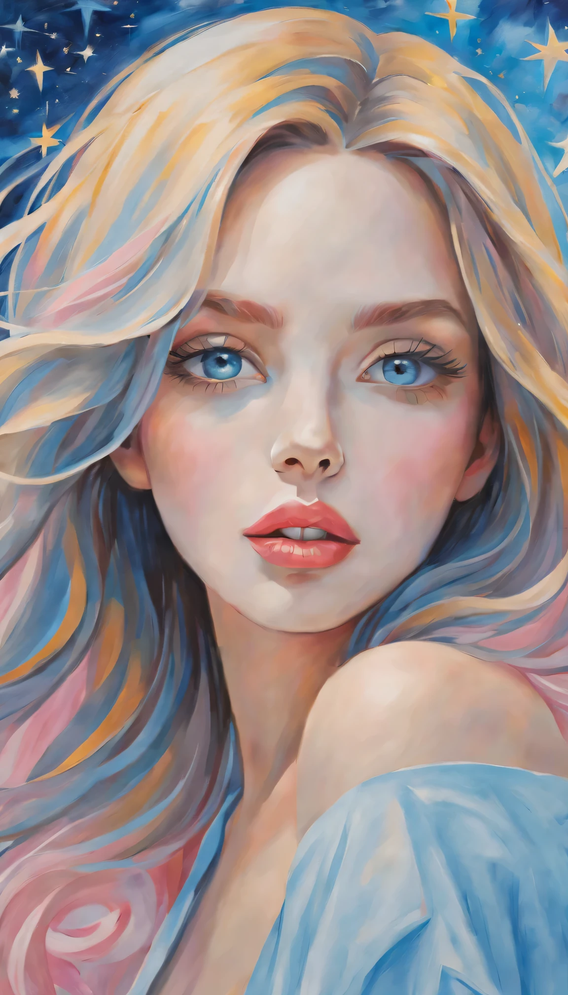(best quality,actual,high resolution:1.2),pastel tones, painting,Impressionist strokes,from cubism, Fauvism to Surrealism and Abstraction, Miss, beautiful eyes,beautiful lips,flowing hair, Their artistic concepts and patterns are reflected in the clothing design,Fresh light blue, Light yellow, light pink,.starry sky background