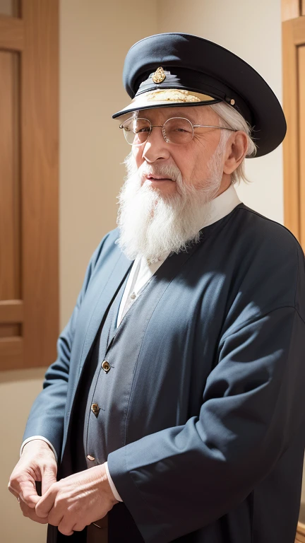 In this evocative image, an elderly Jewish man stands proudly in a doctor's garb, his face decorated with the wisdom of a life well lived. His eyes, filled with depth and compassion, expressed the profound experience he had witnessed. His face was filled with wrinkles, telling a story of a lifetime of joy and challenges. A prominent white beard frames his face, adding to the impression of wisdom and honor. These moving images capture the beauty of the times, the resilience of the human spirit, and the richness of cultural heritage, inviting viewers to reflect on the wisdom that comes with time and the timeless traditions that shape our identity.