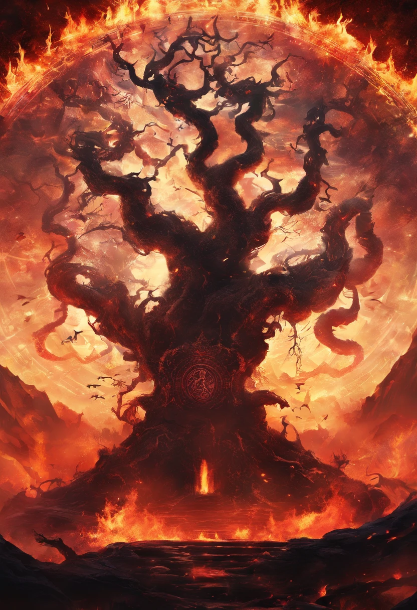 world tree，on fire，Rune background，brand，black dragon