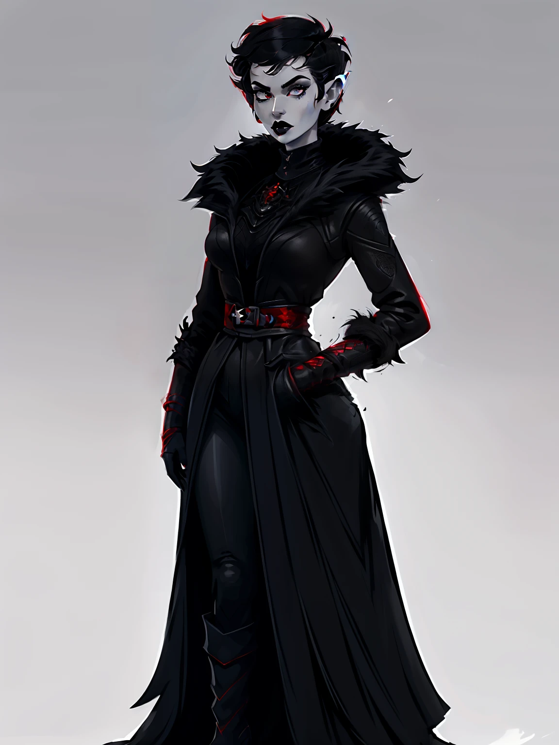 full body portrait, 1girl, short combed hair, pixie cut, combed hair, high forehead, (drow:1.1), black lipstick, fur coat, red shirt, red undercoat, winter clothing, high collar, solo, blank background, white background, outside, gothic fantasy art, pointy ears, high laced boots, intricate clothing