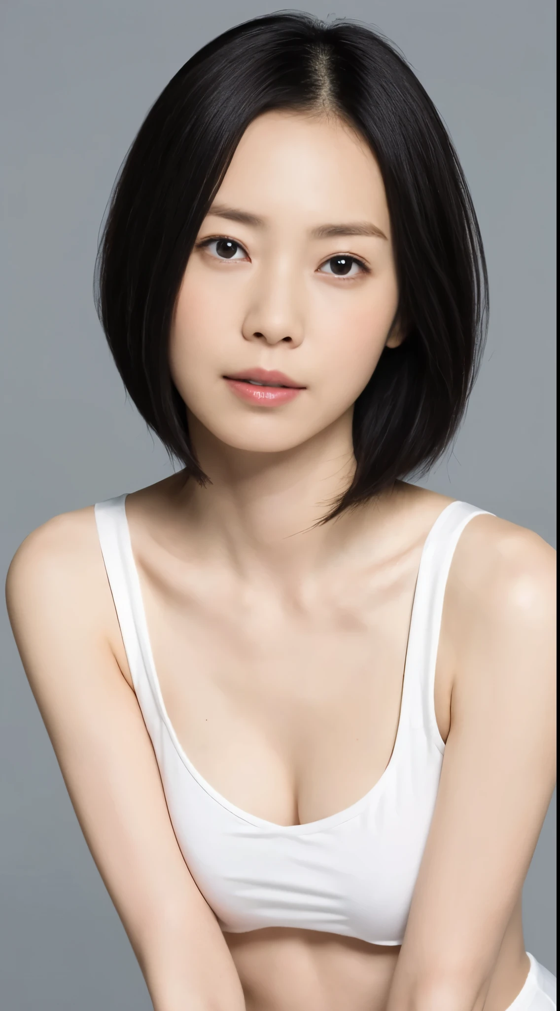 Japanese, Women of short stature, petite physique, Medium build, medium height, slightly plump, Short arms, single eyelid, long slit eyes, Ephemeral atmosphere, 30-year-old girl, black bob hair, ((thin lips)), white top and bottom underwear, muste piece, best quality, detailed skin, detailed eyes, ,8K, good anatomy, upper body portrait