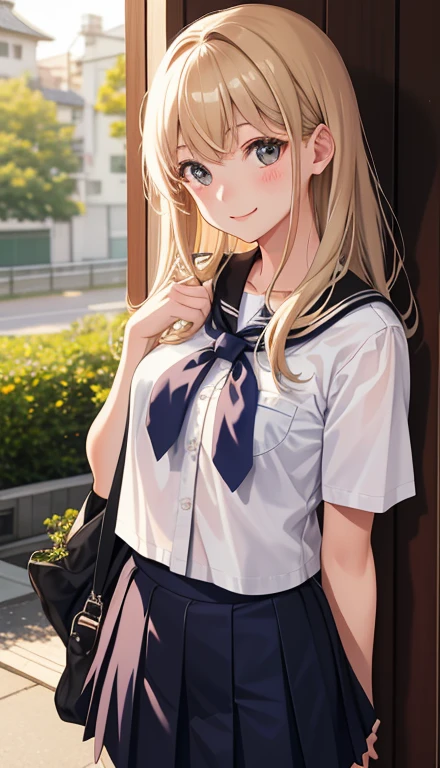 1girl in、AS-Adult、A smile、The shirt、skirt by the、（small tits）Chilarism、Japan High School Student Uniform、serafuku、summer clothing、（Sheer Bra）、Upper body portrait、