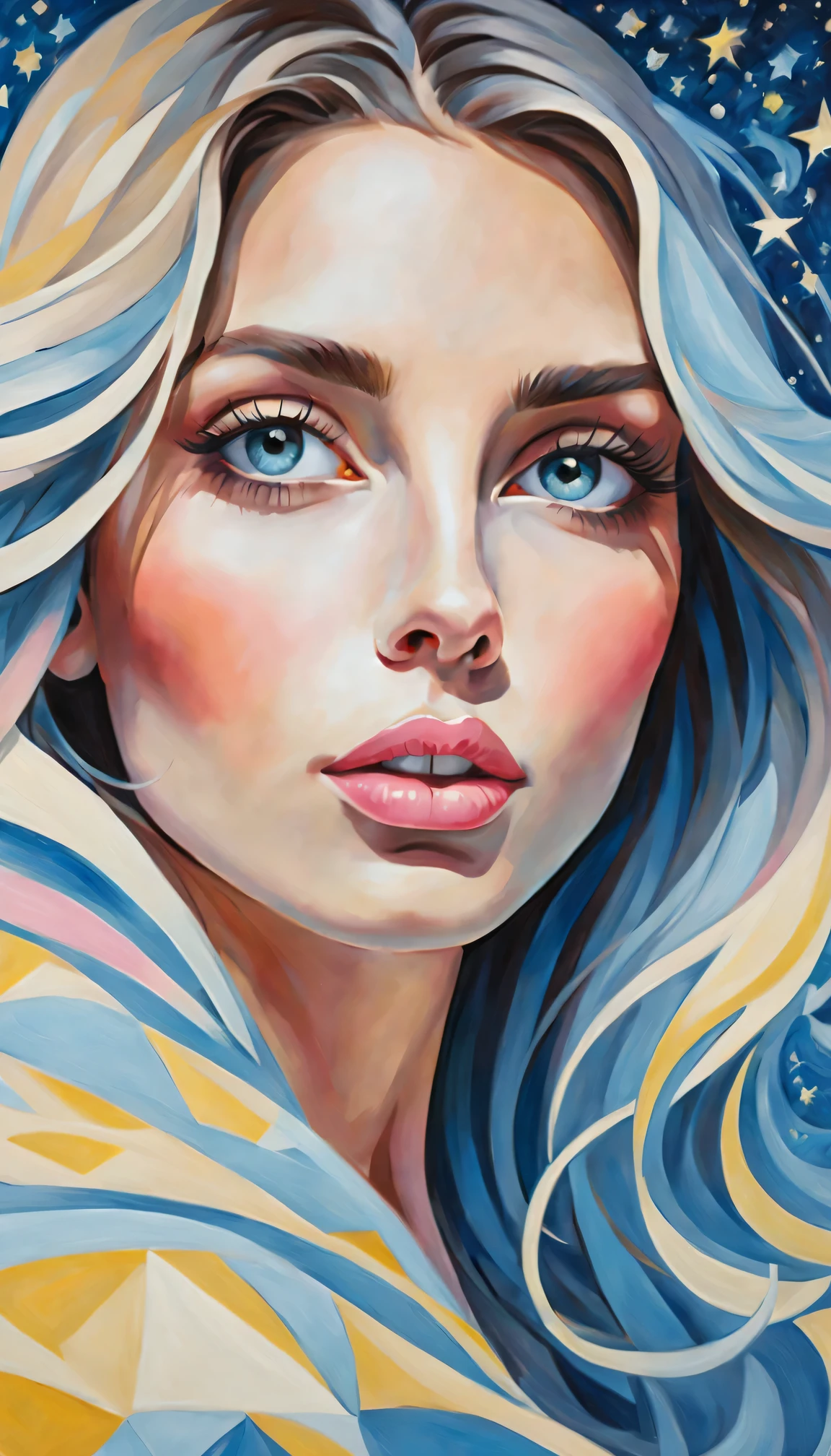 (best quality,actual,high resolution:1.2),pastel tones, painting,Impressionist strokes,from cubism, Fauvism to Surrealism and Abstraction, Miss, beautiful eyes,beautiful lips,flowing hair, Their artistic concepts and patterns are reflected in the clothing design,Fresh light blue, Light yellow, light pink,(starry sky).