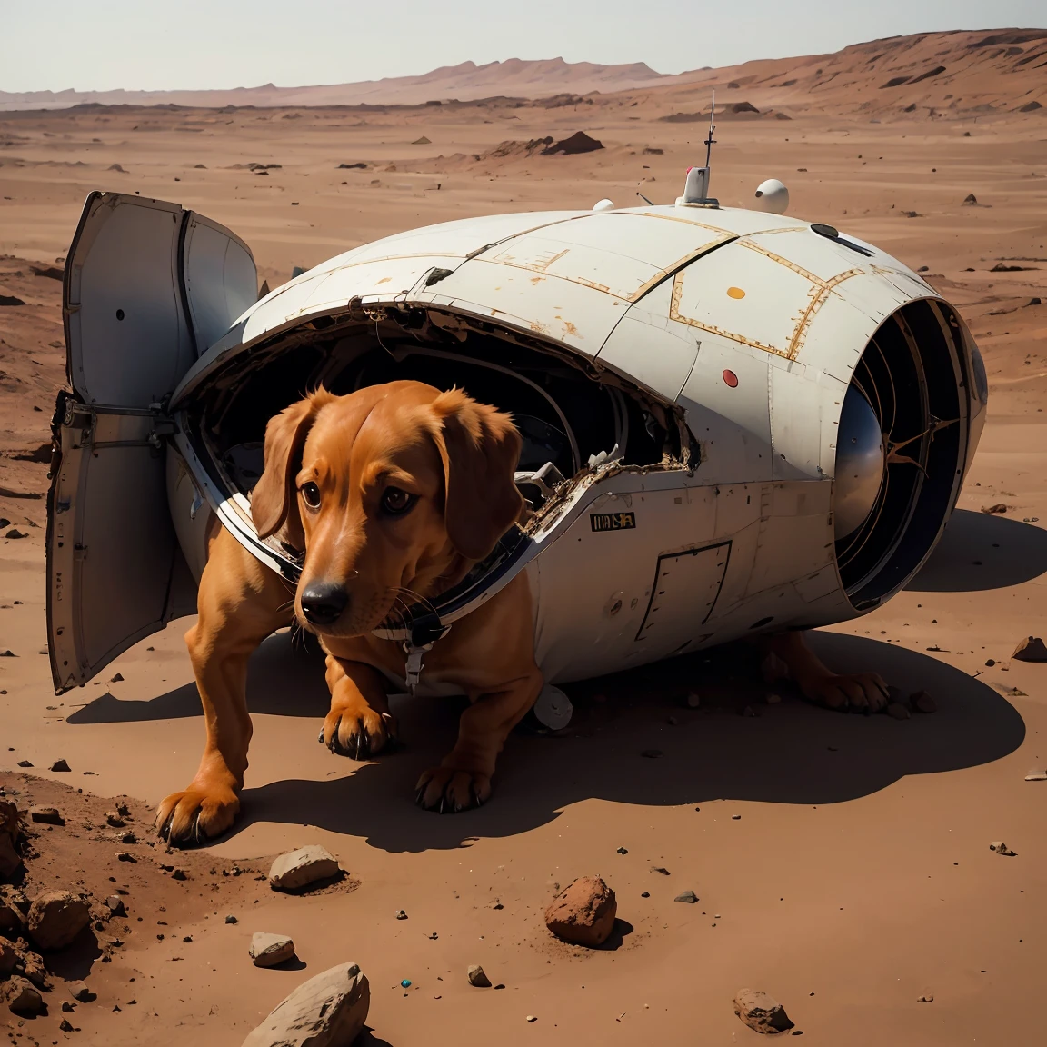 dog dachshund astronaut on the planet mars. Next to the wreckage of the spaceship