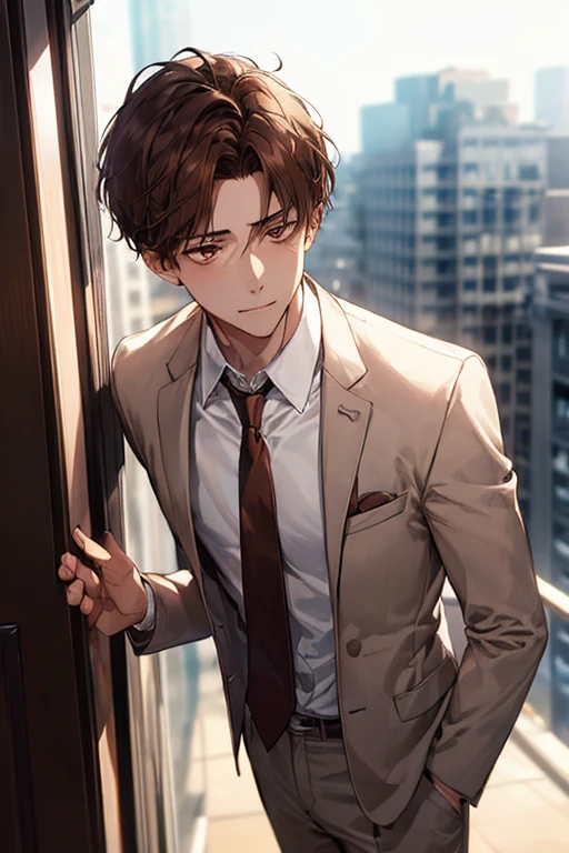 1boy, face focus, adult, business suit, jacket, white shirt, brown eyes, brown hair, necktie, pants, best quality, hires, detailed face, office, buildings from window, detailed background, diffused sunlight, depth of field, bokeh