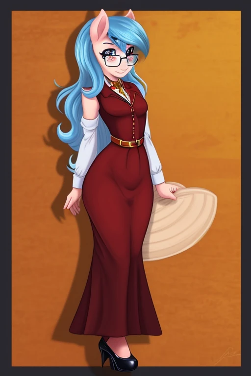 (masterpiece), best quality, expressive eyes, perfect face, sexy woman, (white skin), full body, jewelry, ((low heel)s), (dark red dress shirt with sleeves rolled up), (grey pants), (black vest), (glasses) beautiful, loving, long (silver hair), mlp, mlp oc, red eyes, tall, (((1girl))), silver tail, ((tattoo of a chaos star)), Equestria Girls OC, EG OC