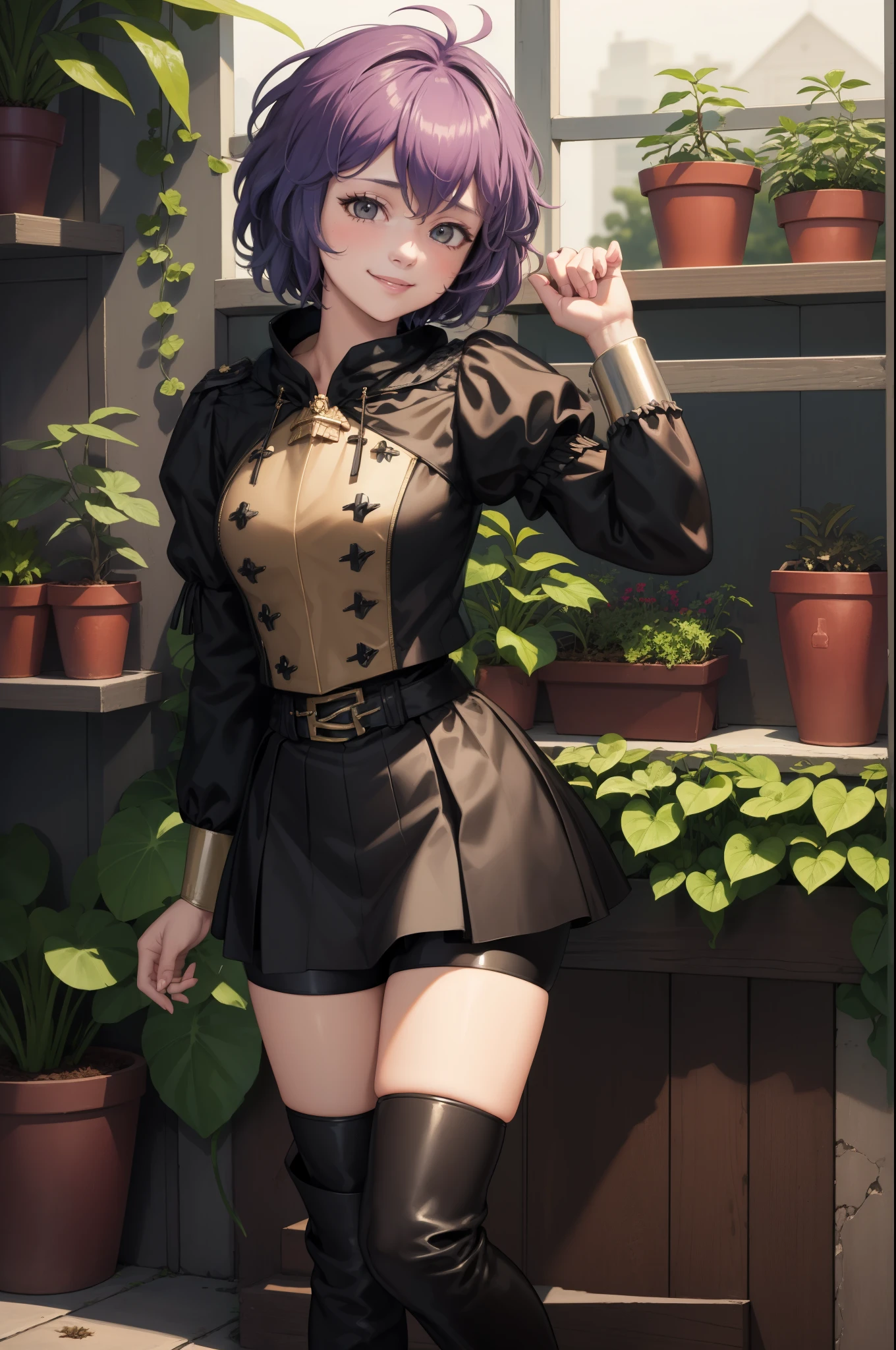 masterpiece, best quality, defBernie, black jacket, black skirt, spandex shorts, thigh boots, standing, cowboy shot, greenhouse, plants, smile, tired, pitcher plant 