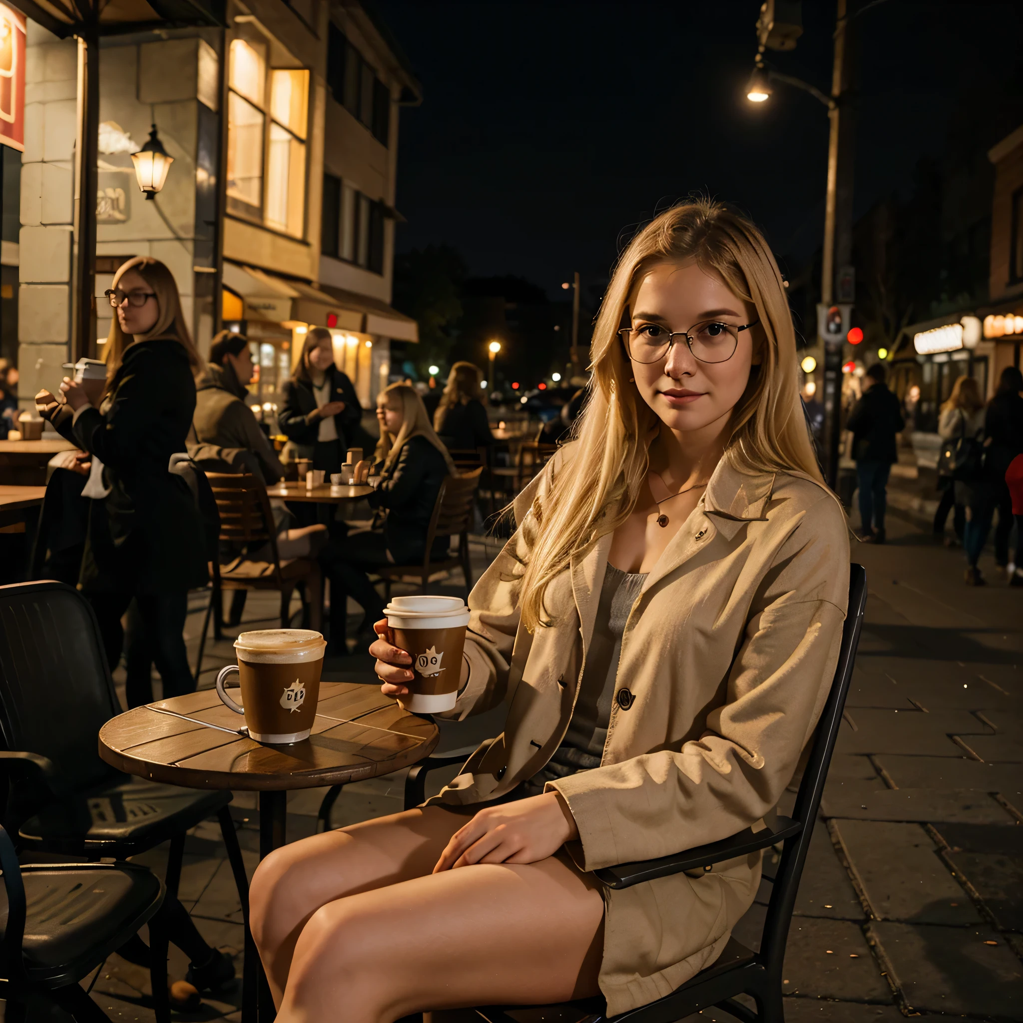 Night shot of a 25 years old Russian blonde girl wearing glasses Sitting on the chair of sidewalk cafe holding coffee in hand realistic photography