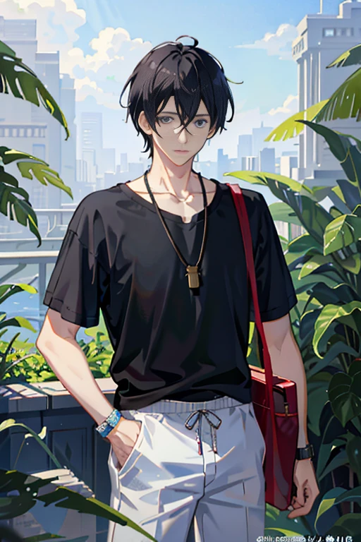 1boy, apple, bag, bangs, berry, black hair, black shirt, blue eyes, hair between eyes, jewelry, leaf, looking at viewer, male focus, necklace, pants, shirt, solo, watch, white pants, wristwatch, messy hair, trending on artstation, 8k resolution, highly detailed, anatomically correct, sharp image, digital painting, concept art, trending on pixiv, style of makoto shinkai,