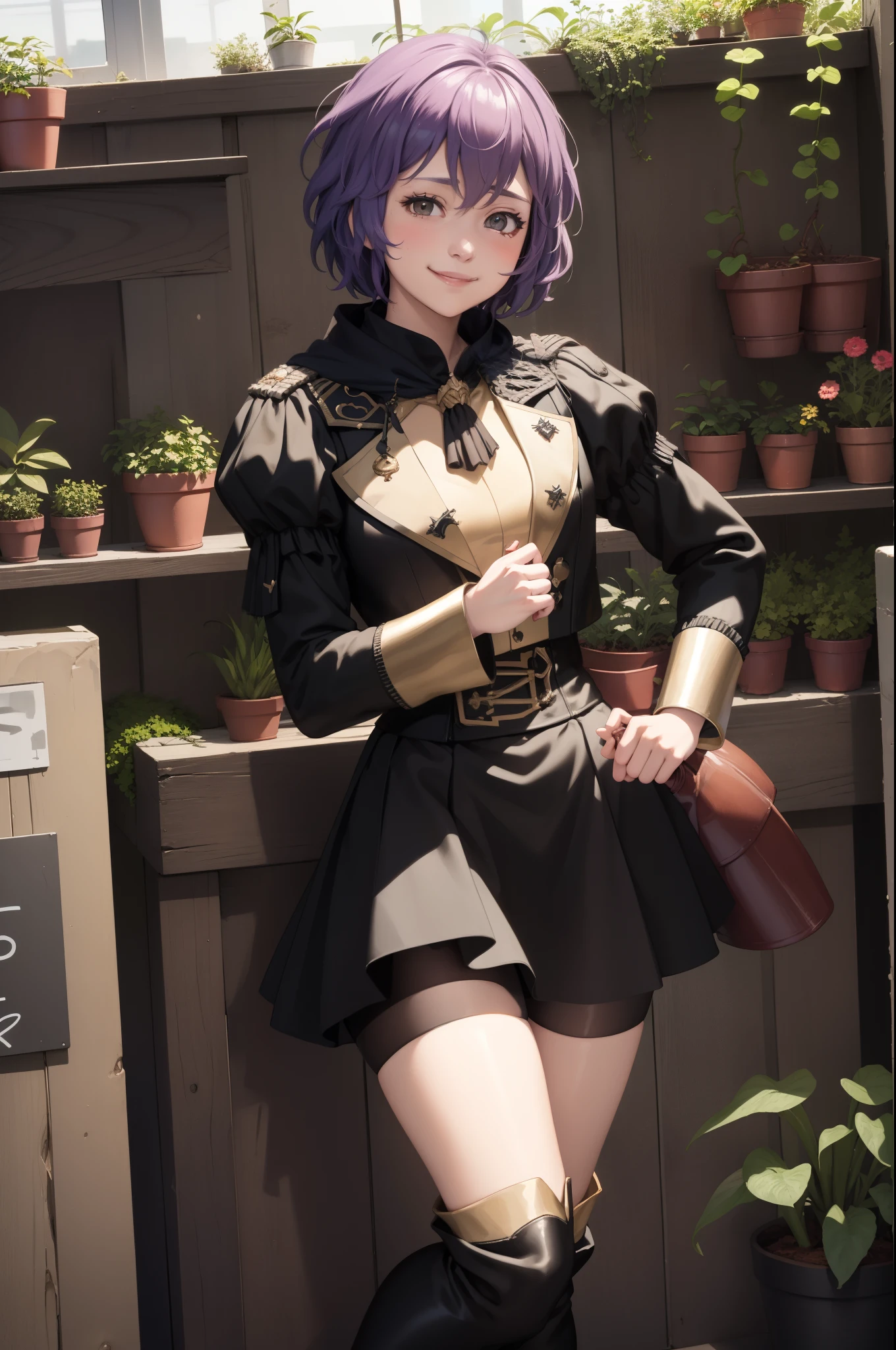 masterpiece, best quality, defBernie, black jacket, black skirt, spandex shorts, thigh boots, standing, cowboy shot, greenhouse, plants, smile, tired, pitcher plant 