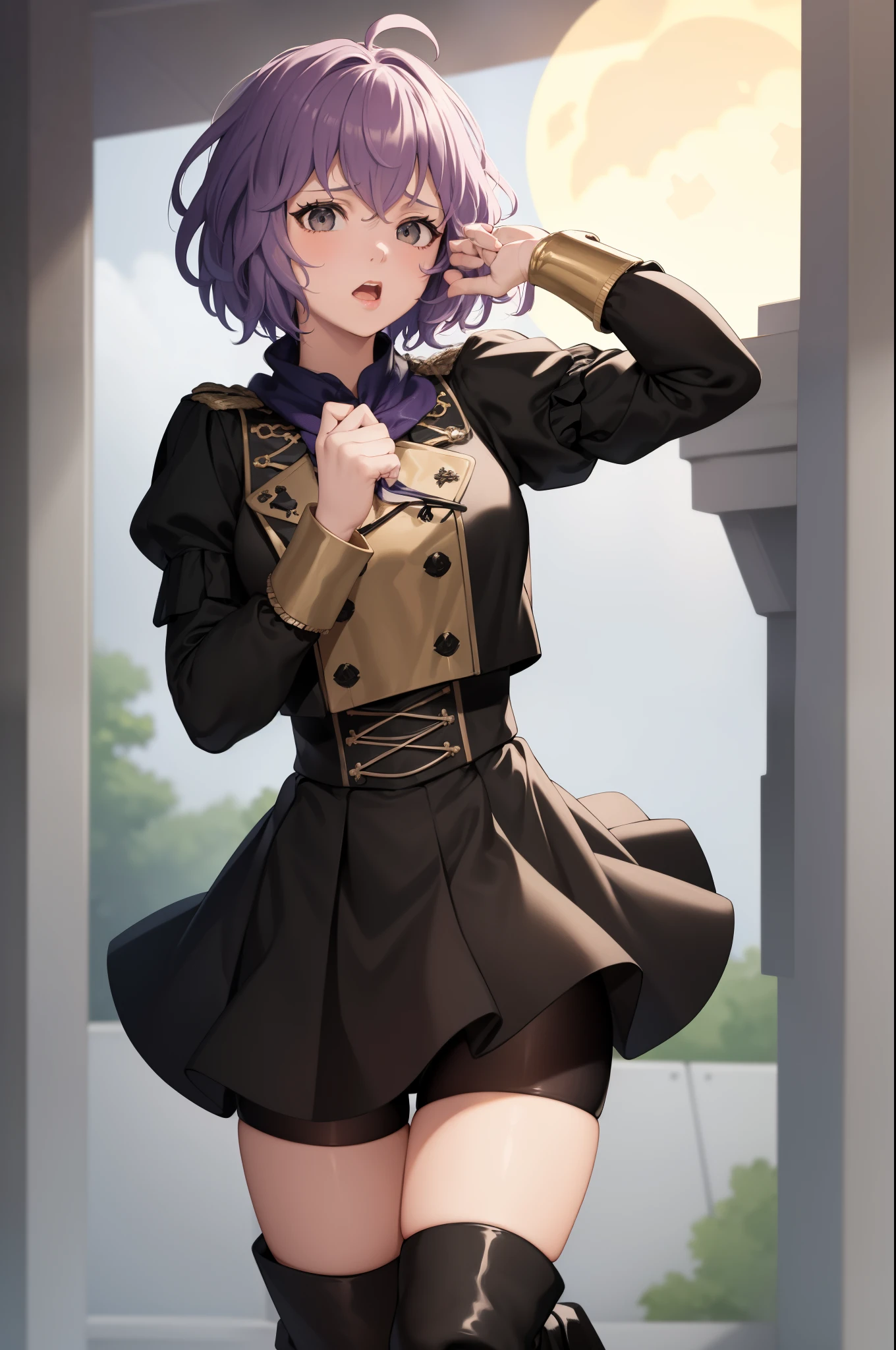 masterpiece, best quality, defBernie, black jacket, black skirt, spandex shorts, thigh boots, standing, looking at viewer, upper body, shocked, spoken exclamation mark, night, moon, trees