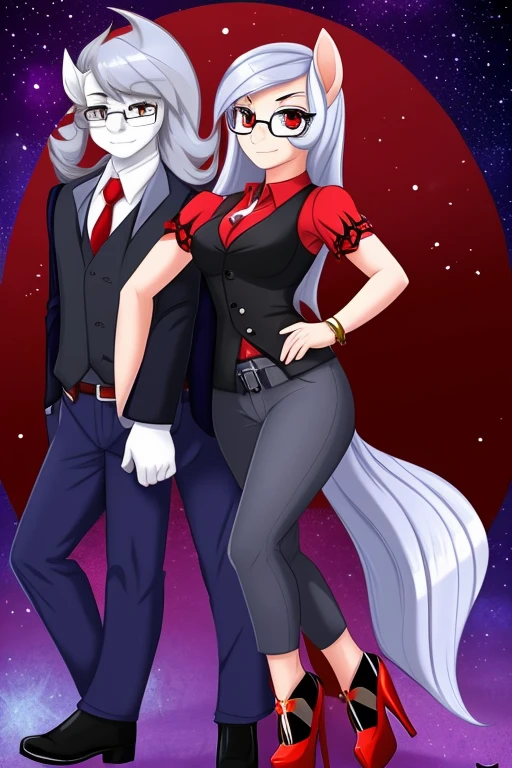 (masterpiece), best quality, expressive eyes, perfect face, sexy woman, (white skin), full body, jewelry, ((low heel)s), (dark red dress shirt with sleeves rolled up), (grey pants), (black vest), (glasses) beautiful, loving, long (silver hair), mlp, mlp oc, red eyes, tall, (((1girl))), silver tail, ((tattoo of a chaos star)), Equestria Girls OC, EG OC