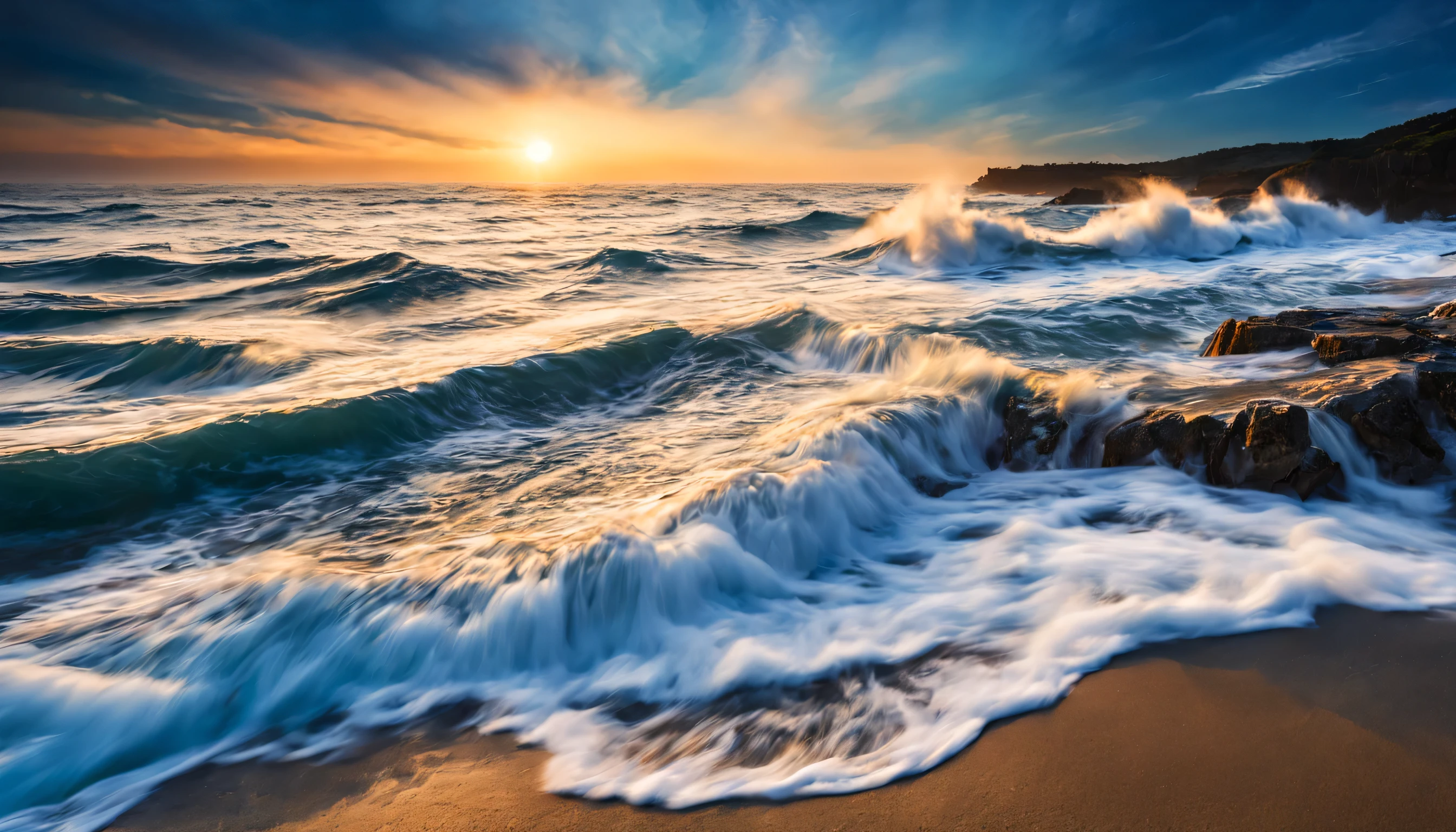 arafed view of a dawn over the blue ocean with blue waves crashing, chaotic sea setting, breathtaking composition, beautiful sea landscapes, stunning ocean, magnificent background, beautiful background, beautiful dreamy breathtaking, beautiful blue ocean