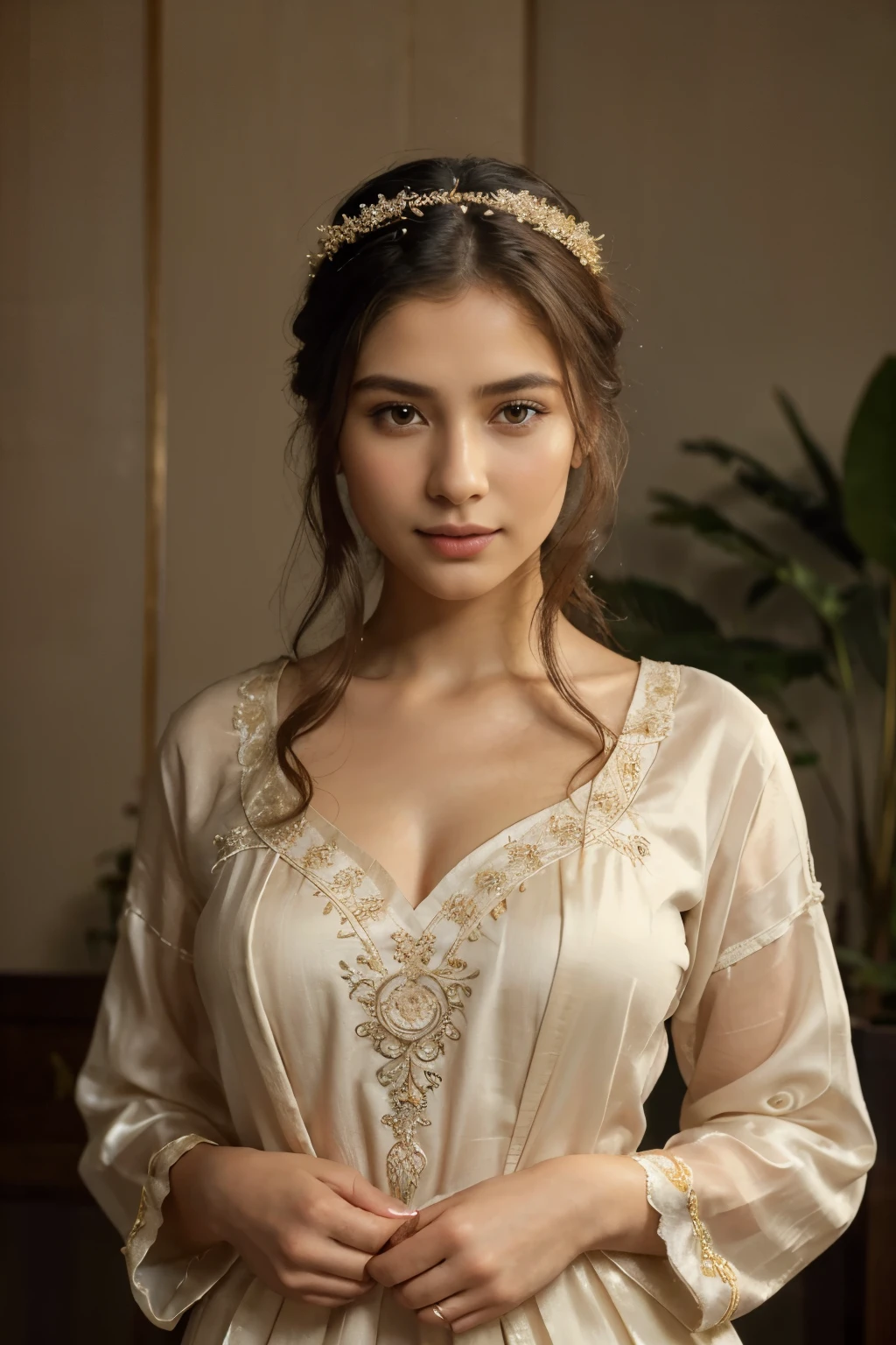 (best quality,4k,8k,highres,masterpiece:1.2),ultra-detailed,(realistic,photorealistic,photo-realistic:1.37),traditional attire,beautiful detailed eyes,beautiful detailed lips,graceful pose,traditional headpiece,serene expression,elegant jewelry,soft lighting,subtle colors,medium:oil painting,lotus flower,delicate embroidery,refined beauty,traditional background,vintage atmosphere,artistic strokes,gentle smile,sublime beauty,traditional patterns,peaceful ambiance,classic composition,stunning visual impact,gentle elegance,dainty accessories,sophisticated pose,strong cultural elements,harmonious color palette,traditional makeup,embellished clothing,cultural heritage-inspired,tranquil setting,traditional ambiance,delicate silk fabric,traditional fan