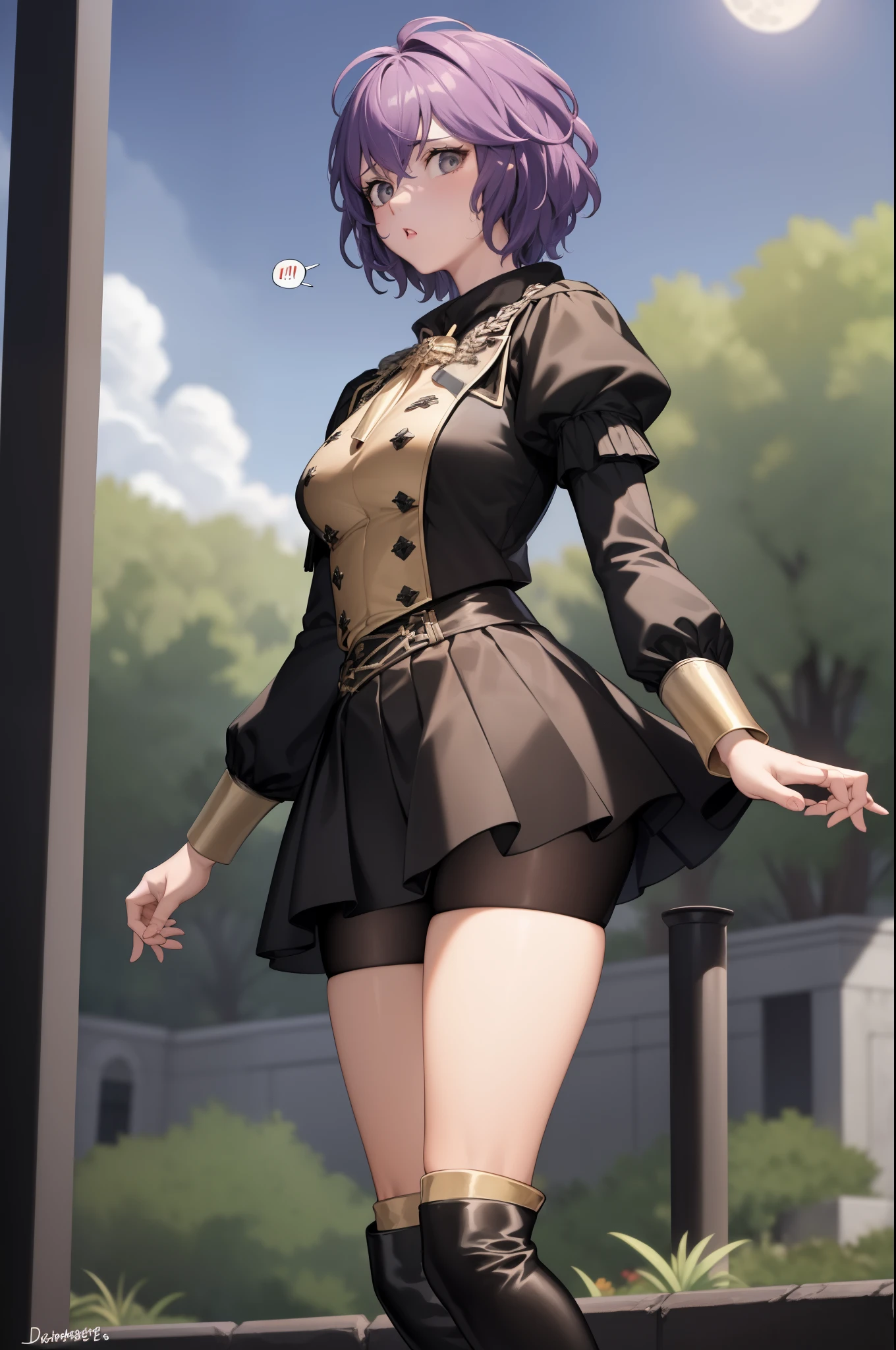 masterpiece, best quality, defBernie, black jacket, black skirt, spandex shorts, thigh boots, standing, looking at viewer, upper body, shocked, spoken exclamation mark, night, moon, trees 